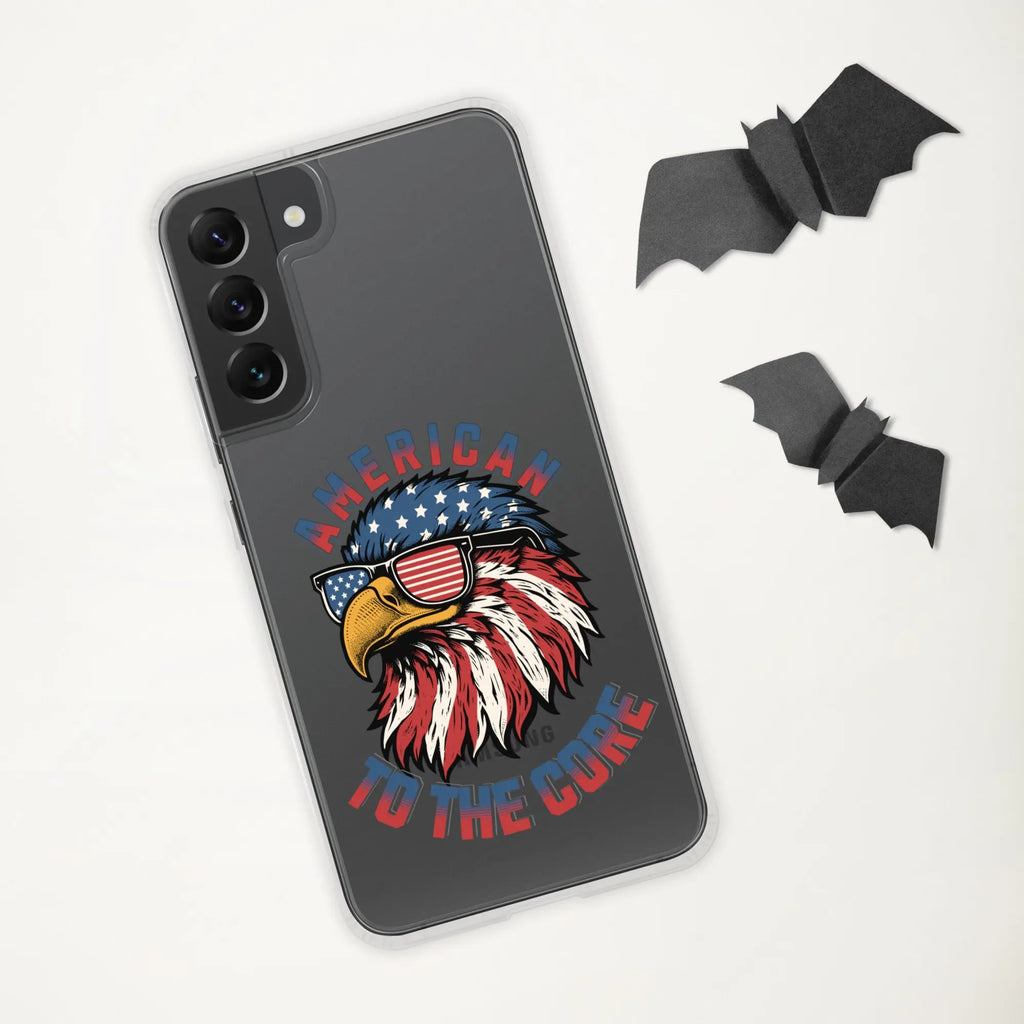 A patriotic Samsung phone clear case with an eagle head and the text "American To The Core."