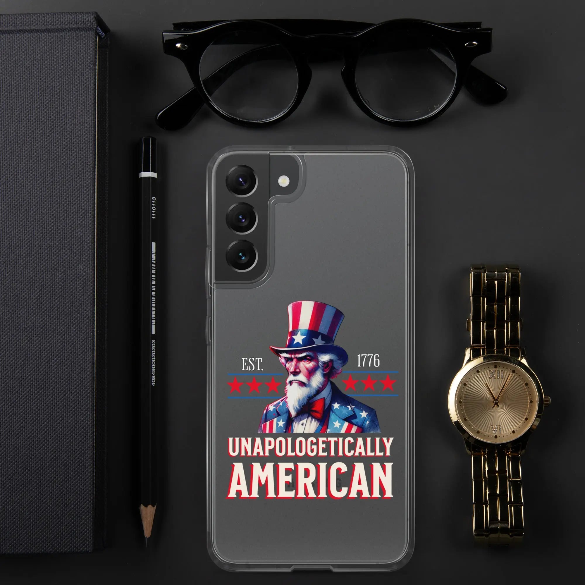 A patriotic Samsung clear phone case with Uncle Sam and the text "Unapologetically American."