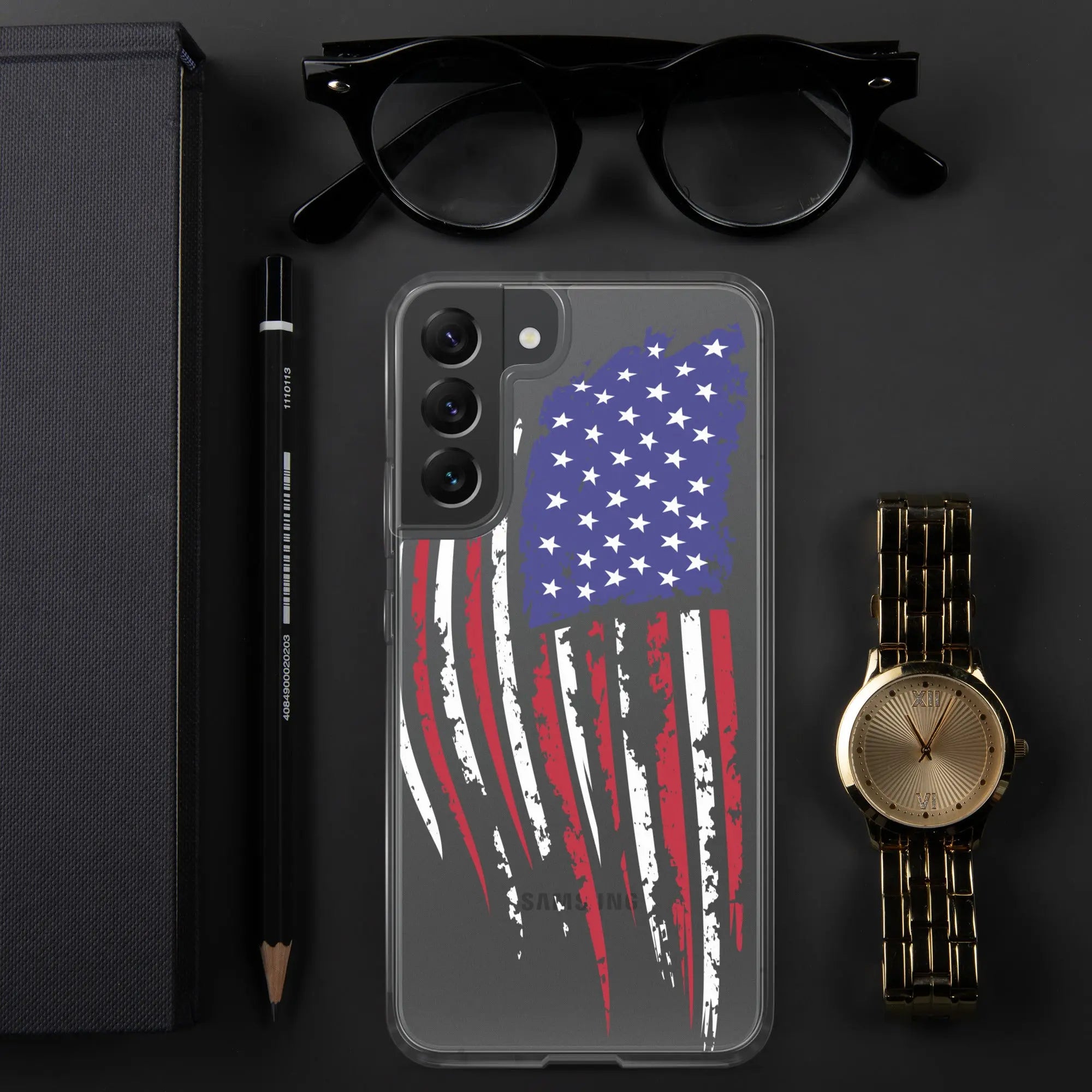 A patriotic Samsung phone clear case with the American flag.