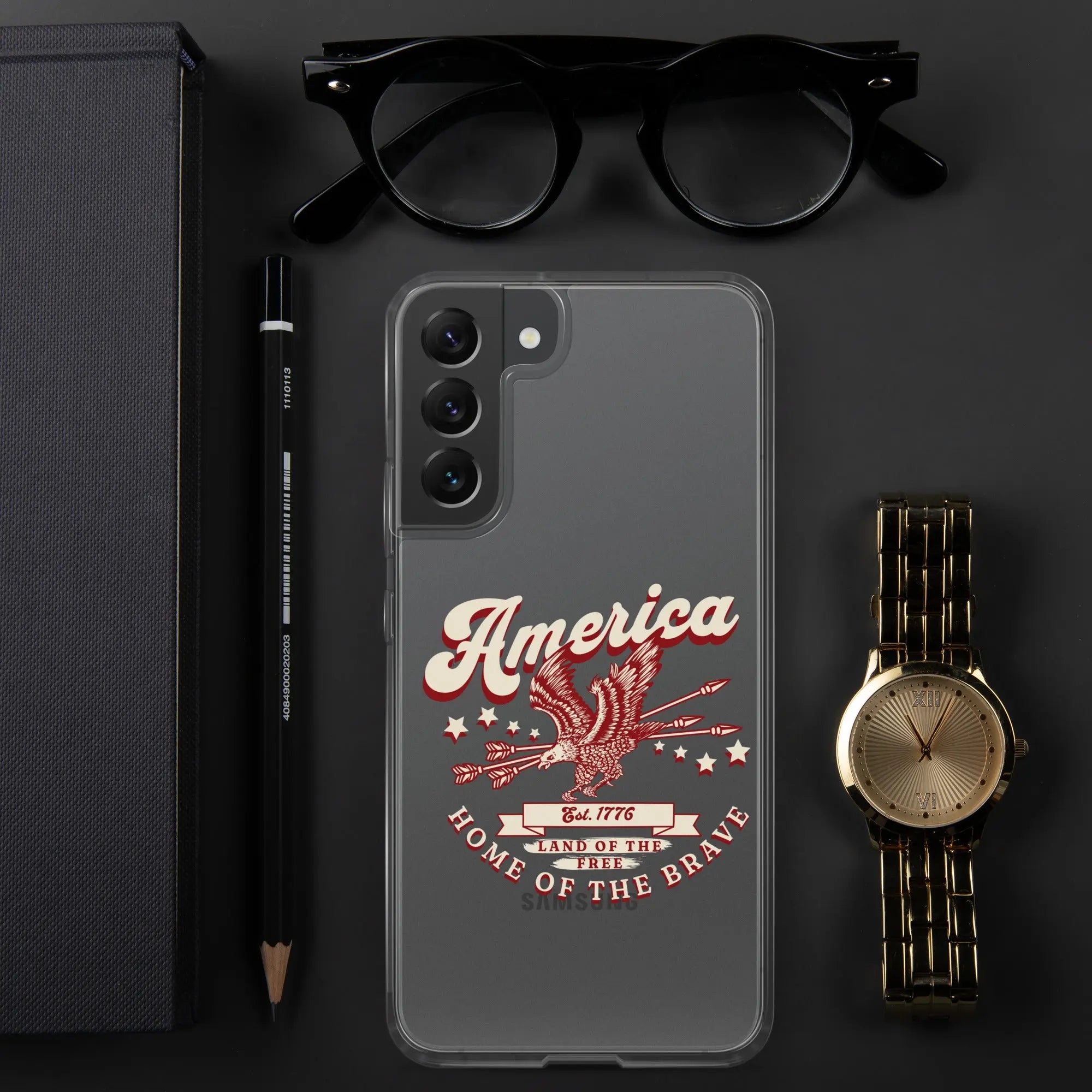 Patriotic Samsung clear phone case with a flying eagle and the text "America, Home Of The Brave."