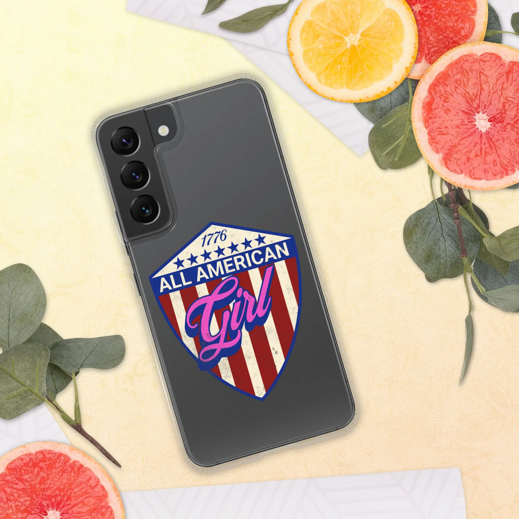 A patriotic Samsung phone clear case with a shield and the text "All American Girl."