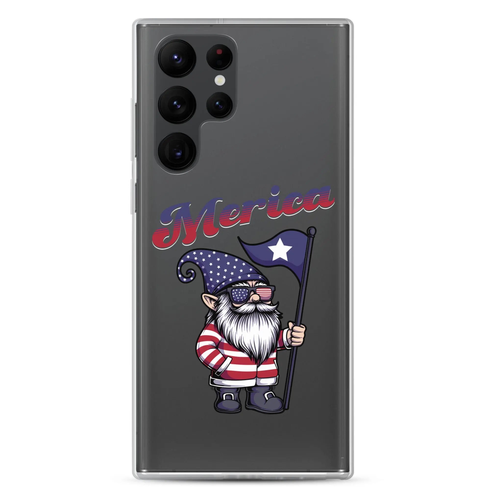 A patriotic Samsung phone clear case with a gnome holding a flag and the text "Merica."