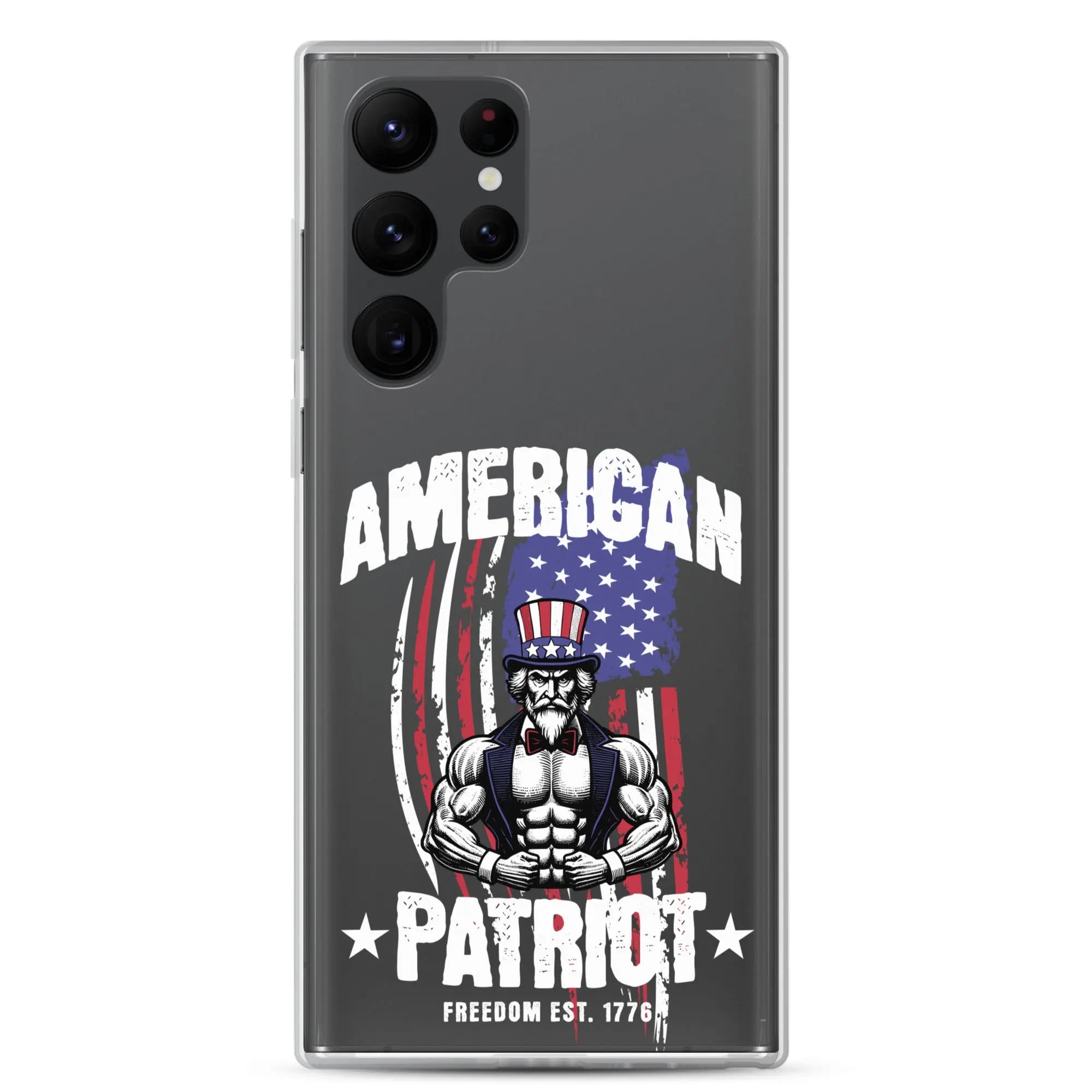 Patriotic Samsung clear phone case with a flexing uncle sam and the text "American Patriot"