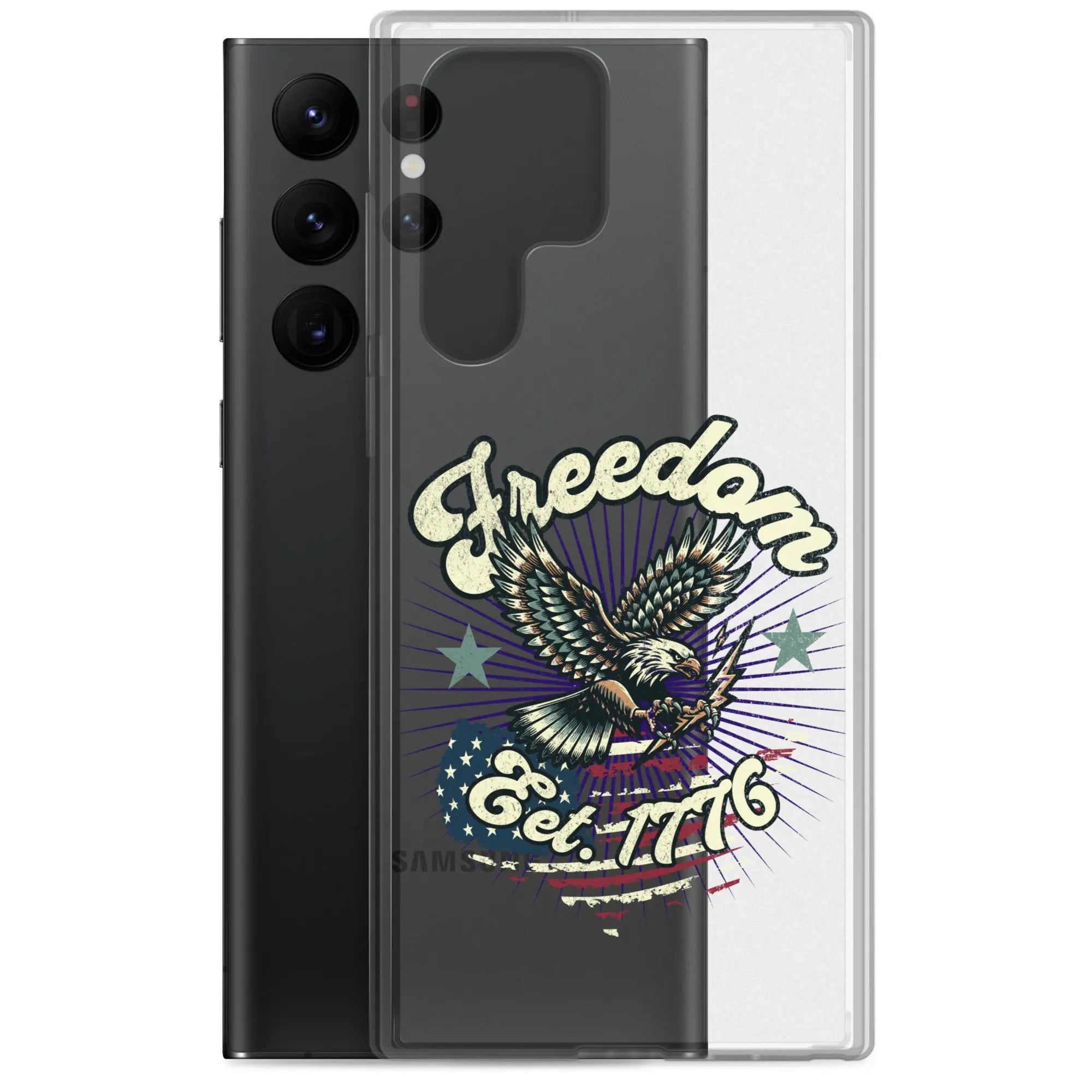 Patriotic Samsung clear phone case with an eagle design and the text "Freedom est. 1776."