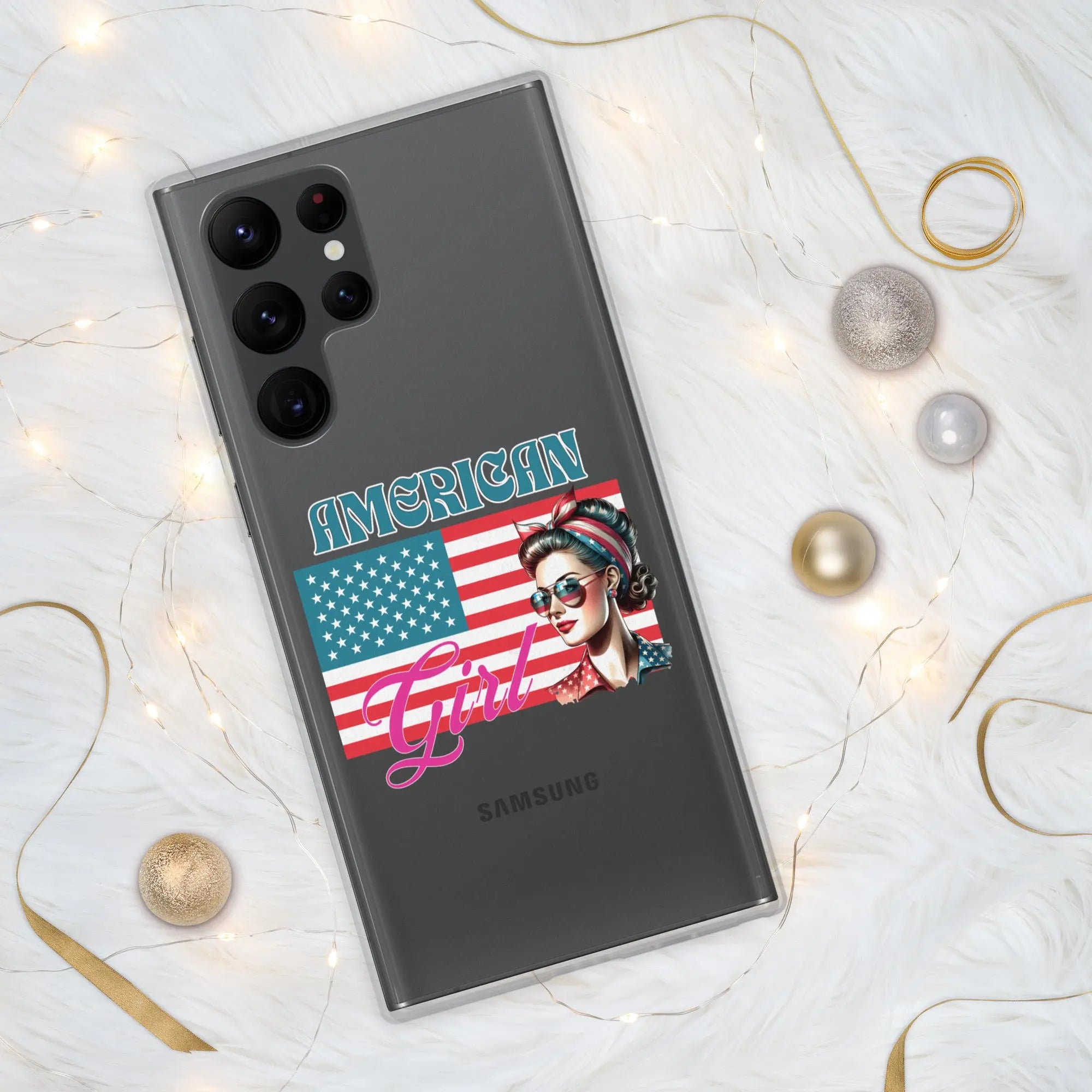 A patriotic Samsung phone clear case with the American flag and a woman's head on it and the text "American Girl."