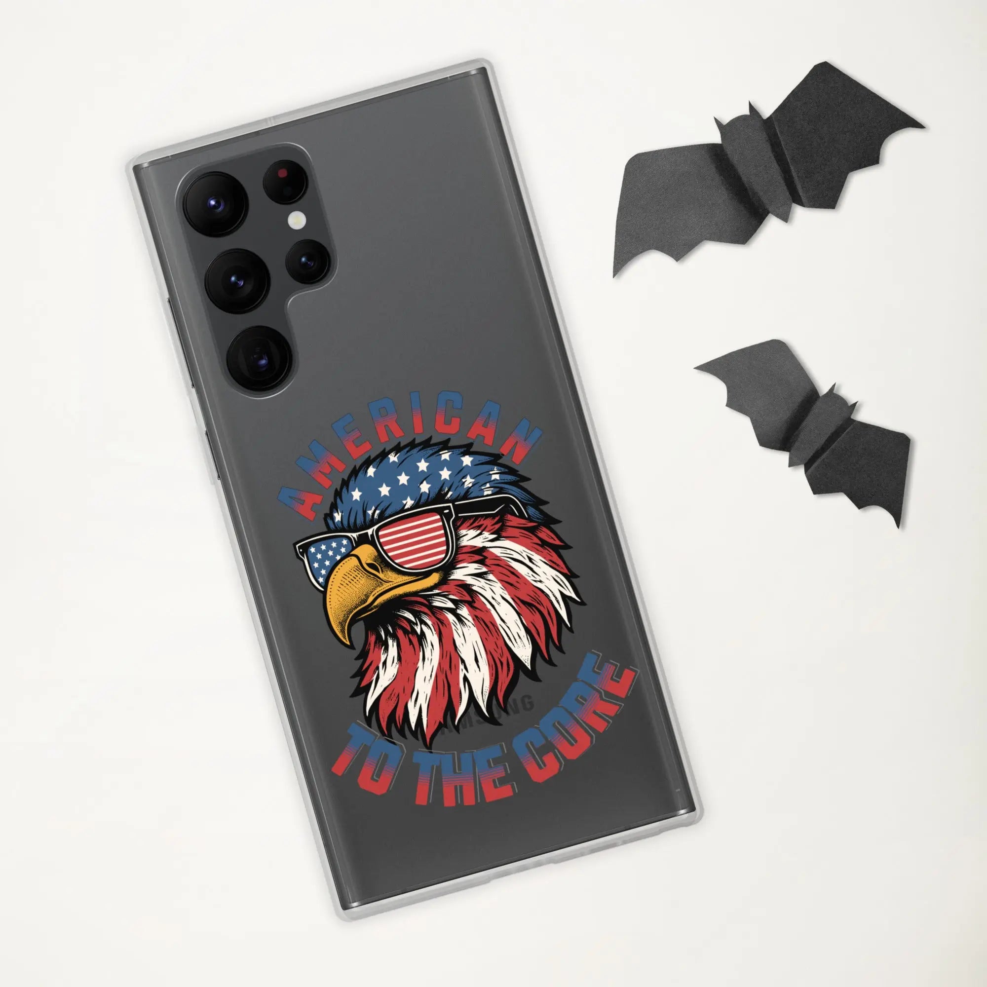 A patriotic Samsung phone clear case with an eagle head and the text "American To The Core."