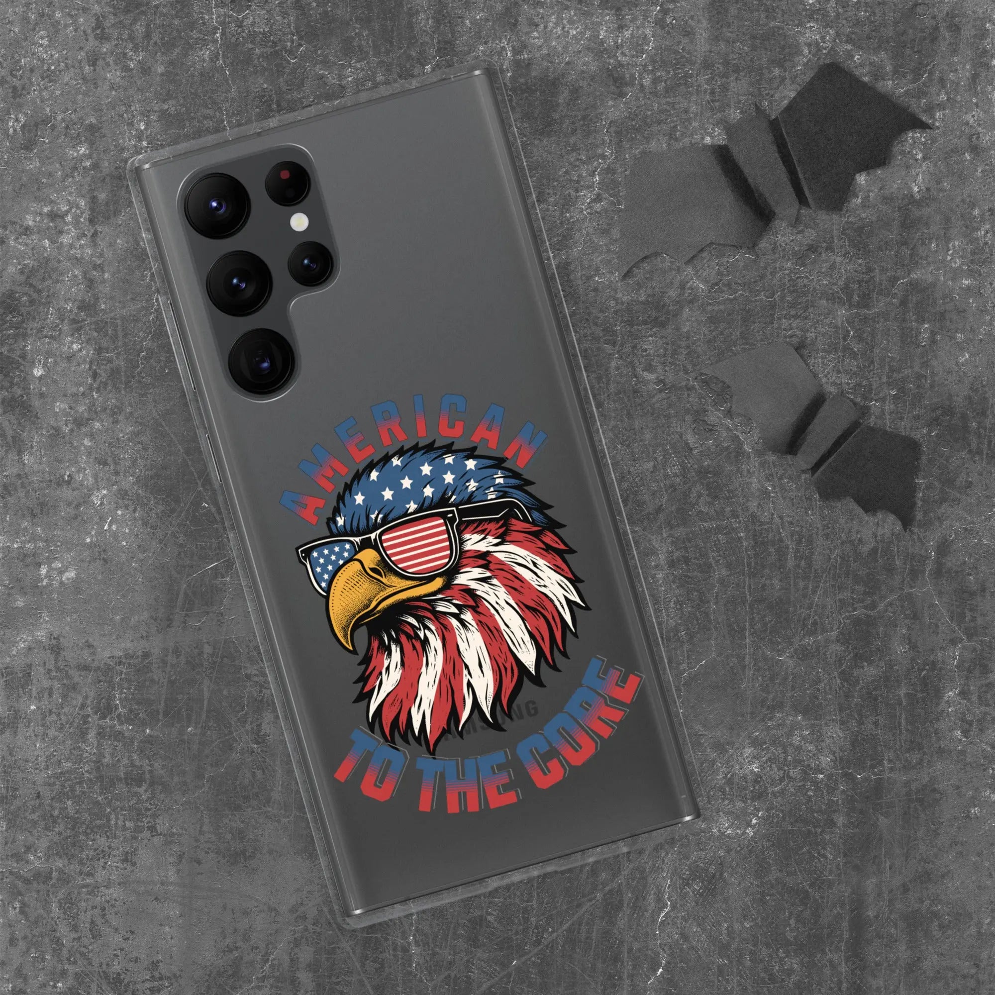 A patriotic Samsung phone clear case with an eagle head and the text "American To The Core."