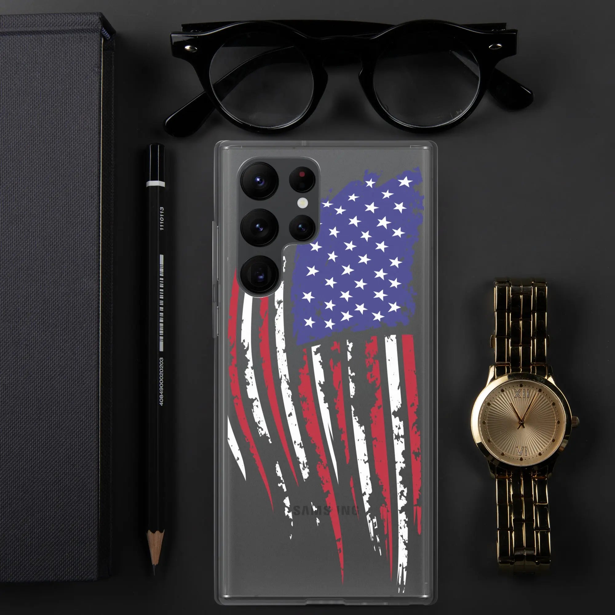A patriotic Samsung phone clear case with the American flag.