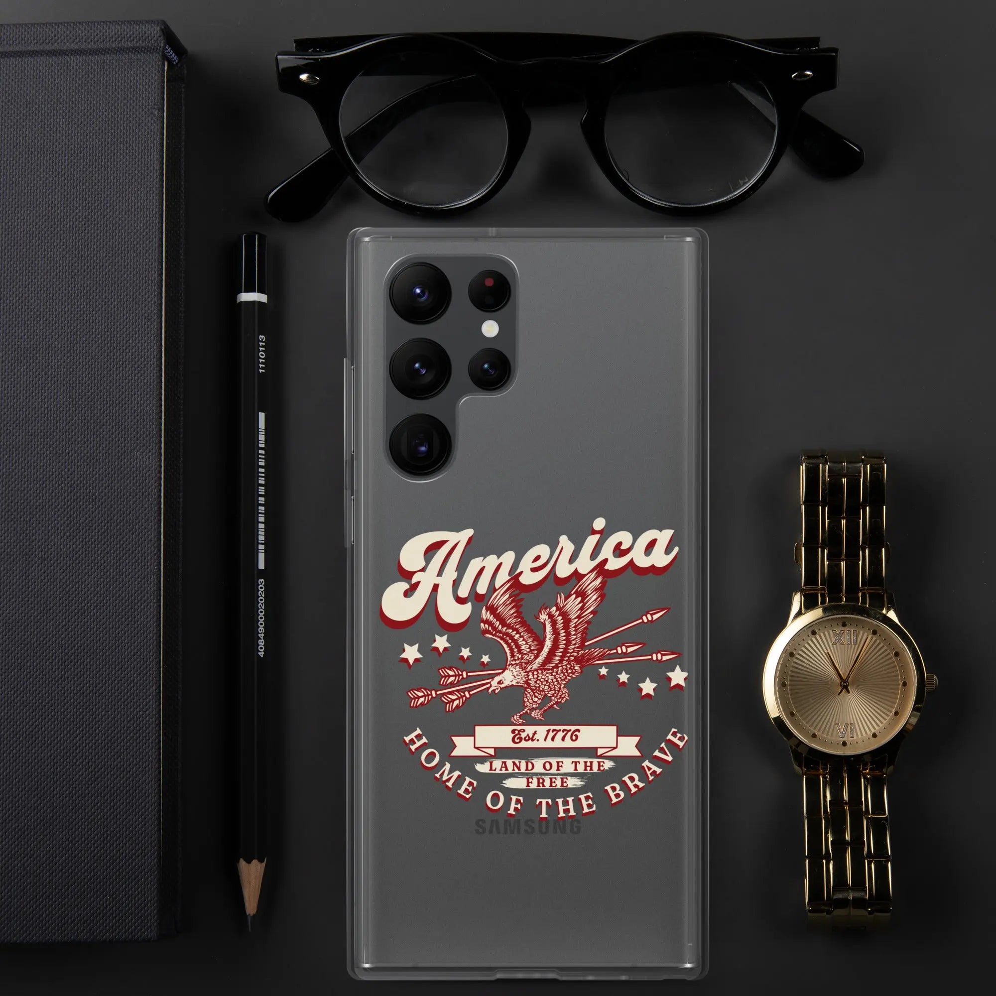 Patriotic Samsung clear phone case with a flying eagle and the text "America, Home Of The Brave."
