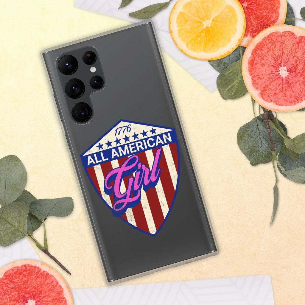 A patriotic Samsung phone clear case with a shield and the text "All American Girl."