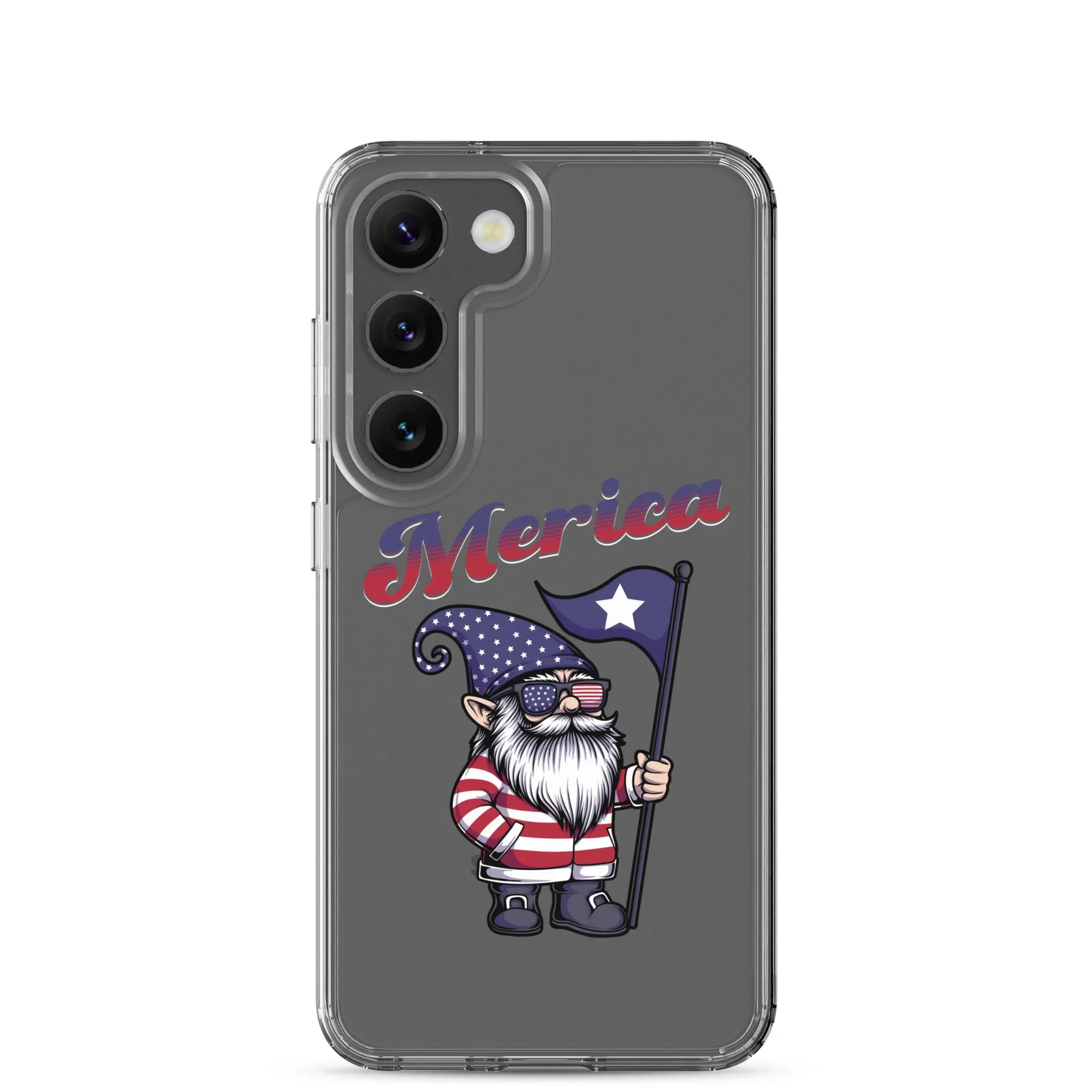 A patriotic Samsung phone clear case with a gnome holding a flag and the text "Merica."