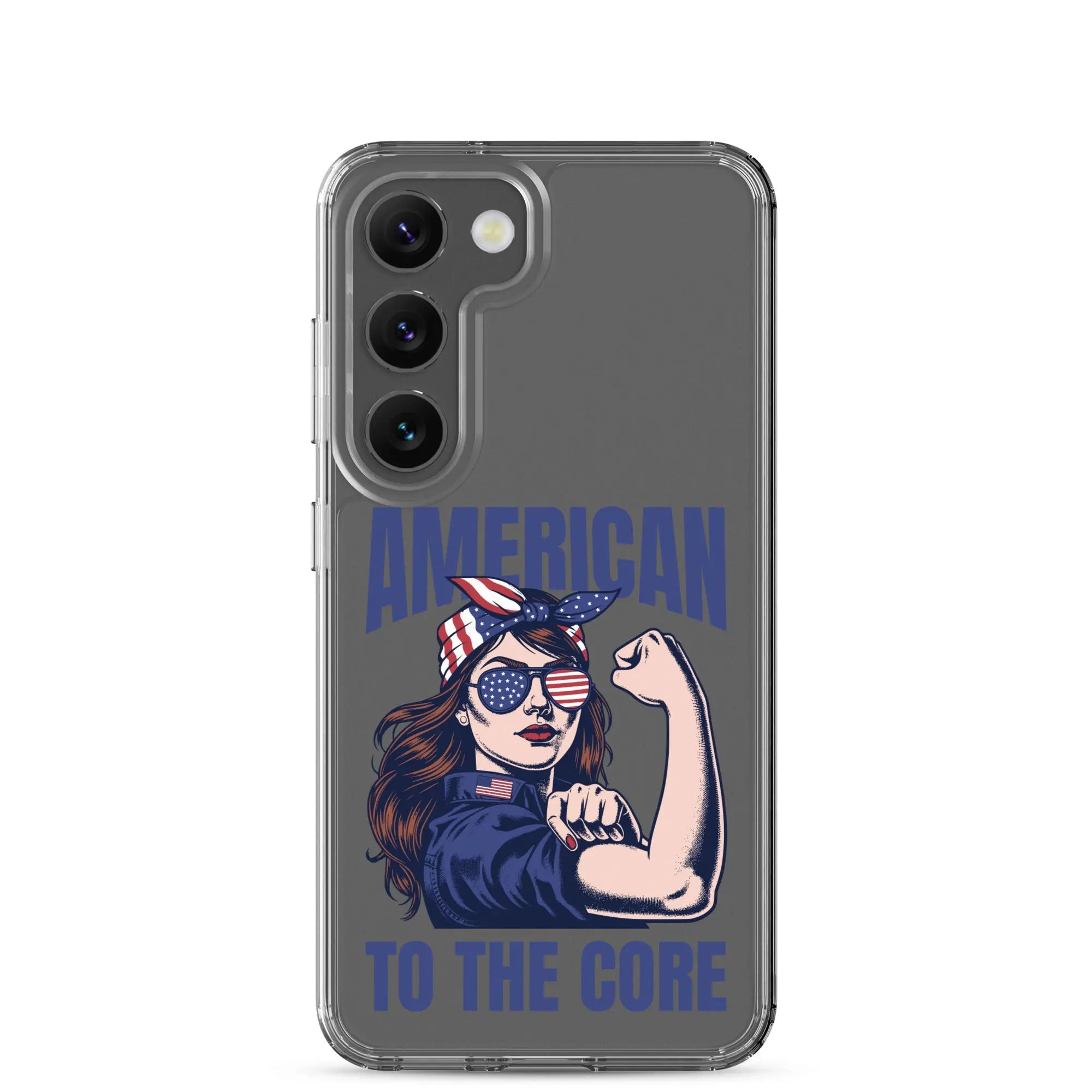 Patriotic Samsung phone clear case with a woman flexing and the text "American To The Core."