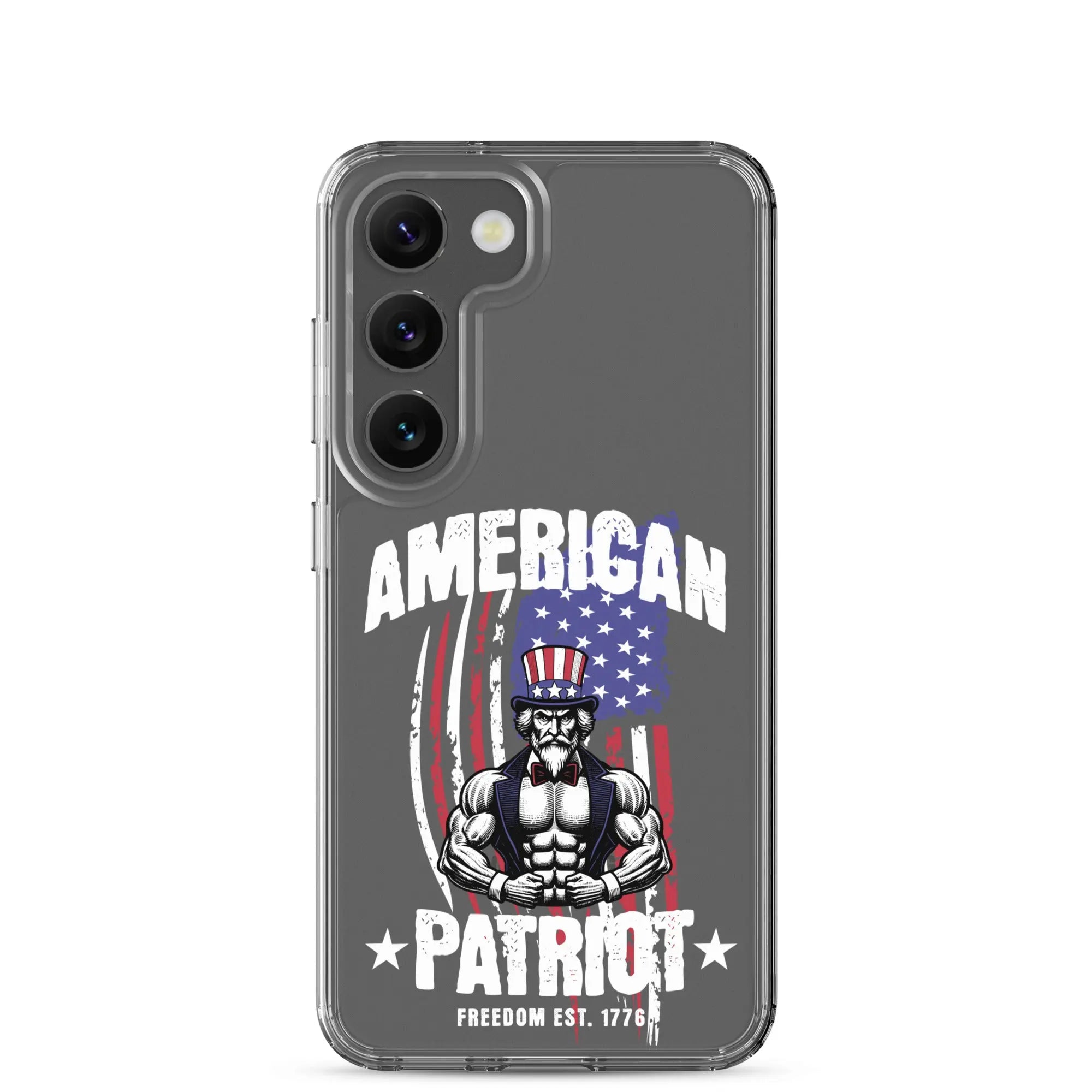 Patriotic Samsung clear phone case with a flexing uncle sam and the text "American Patriot"