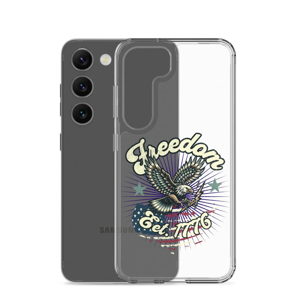 Patriotic Samsung clear phone case with an eagle design and the text "Freedom est. 1776."