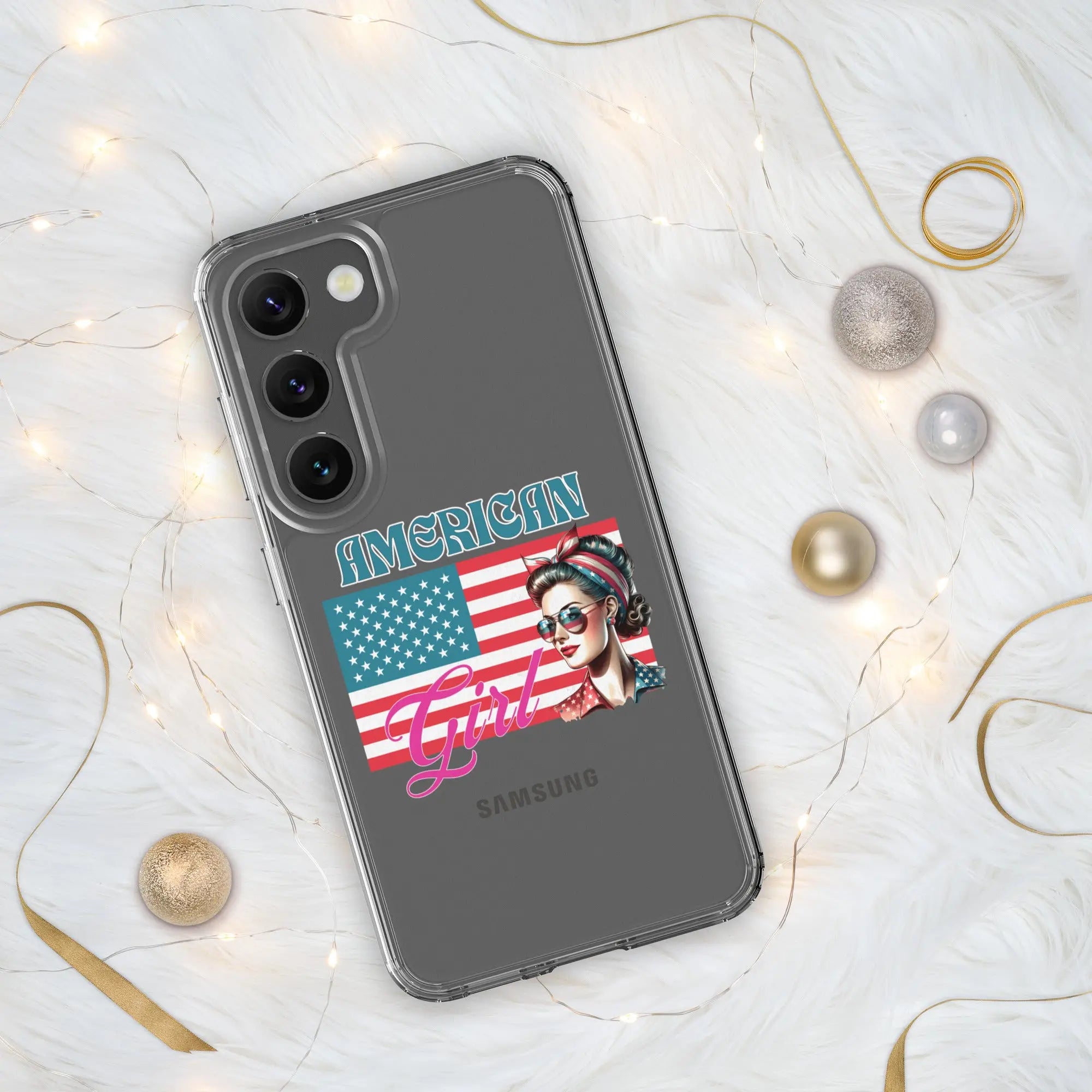 A patriotic Samsung phone clear case with the American flag and a woman's head on it and the text "American Girl."