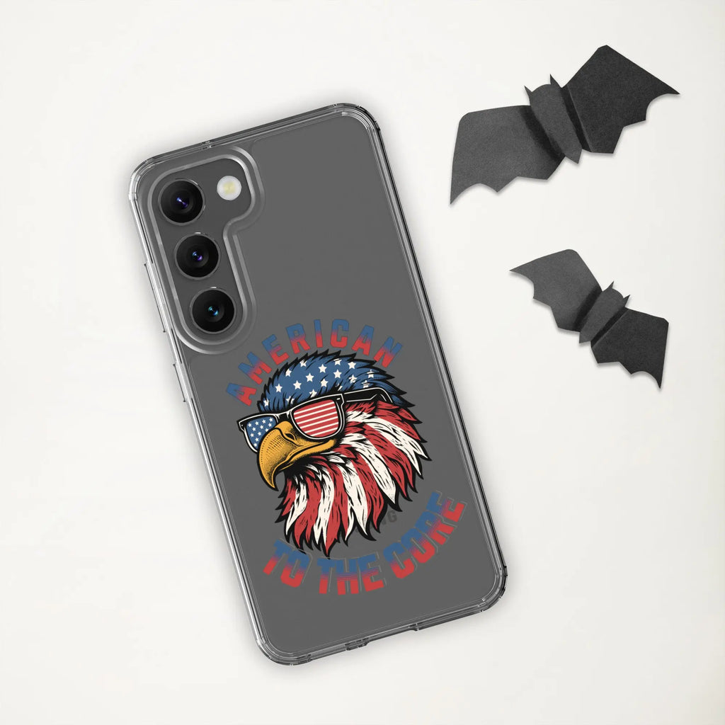 A patriotic Samsung phone clear case with an eagle head and the text "American To The Core."