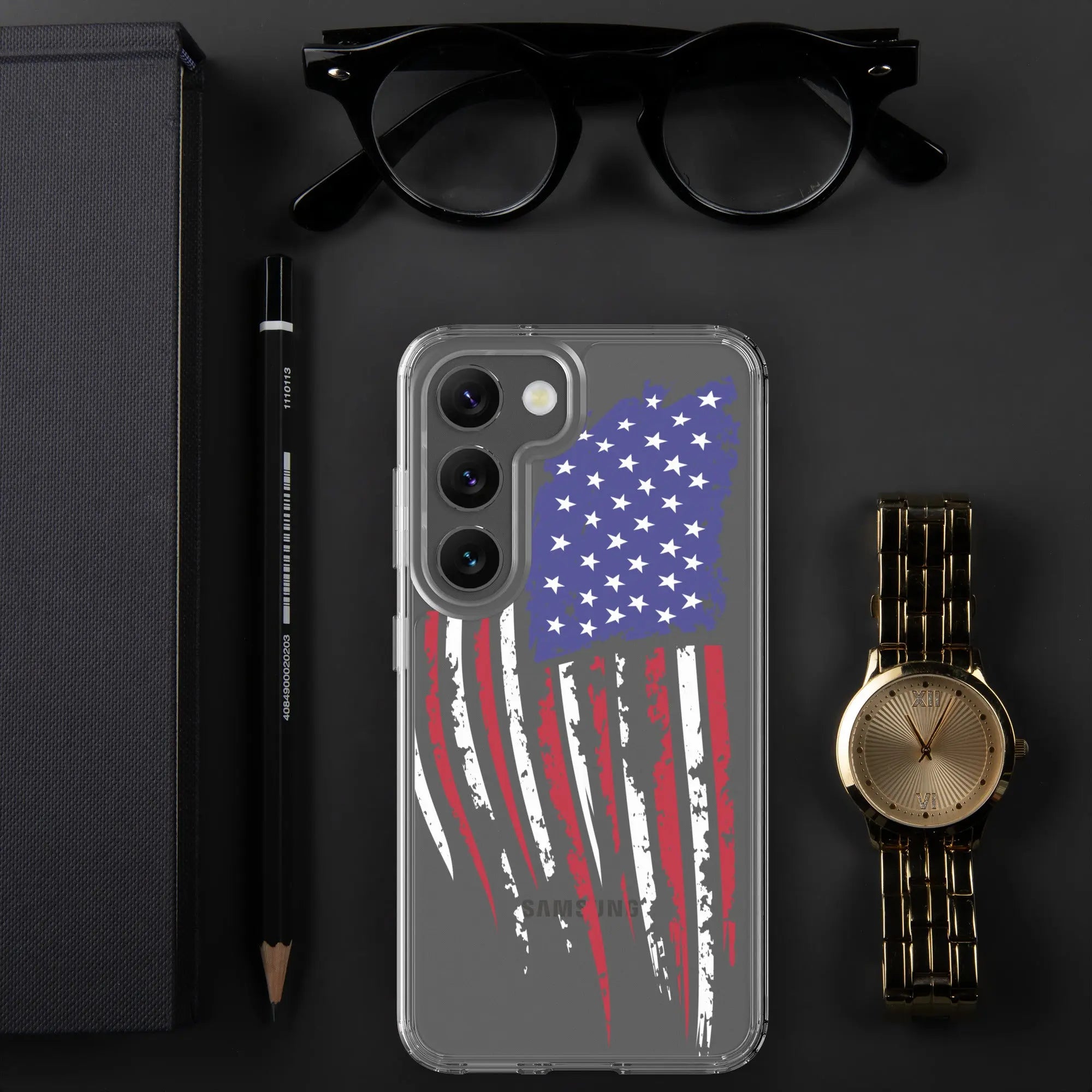 A patriotic Samsung phone clear case with the American flag.