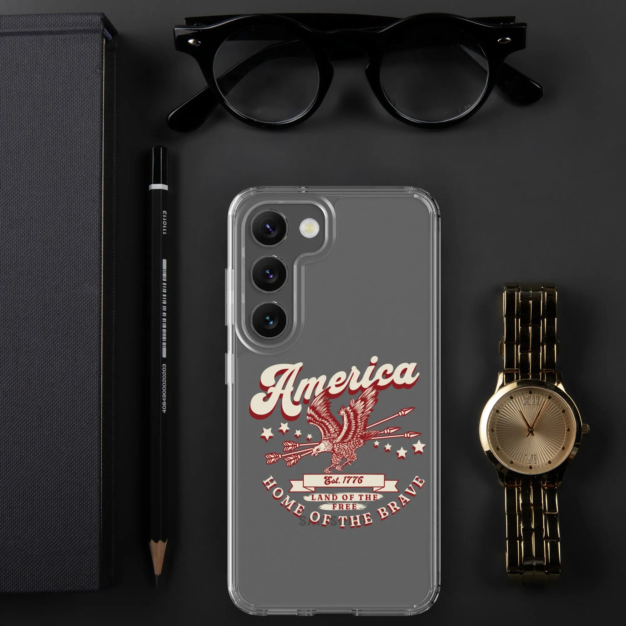 Patriotic Samsung clear phone case with a flying eagle and the text "America, Home Of The Brave."