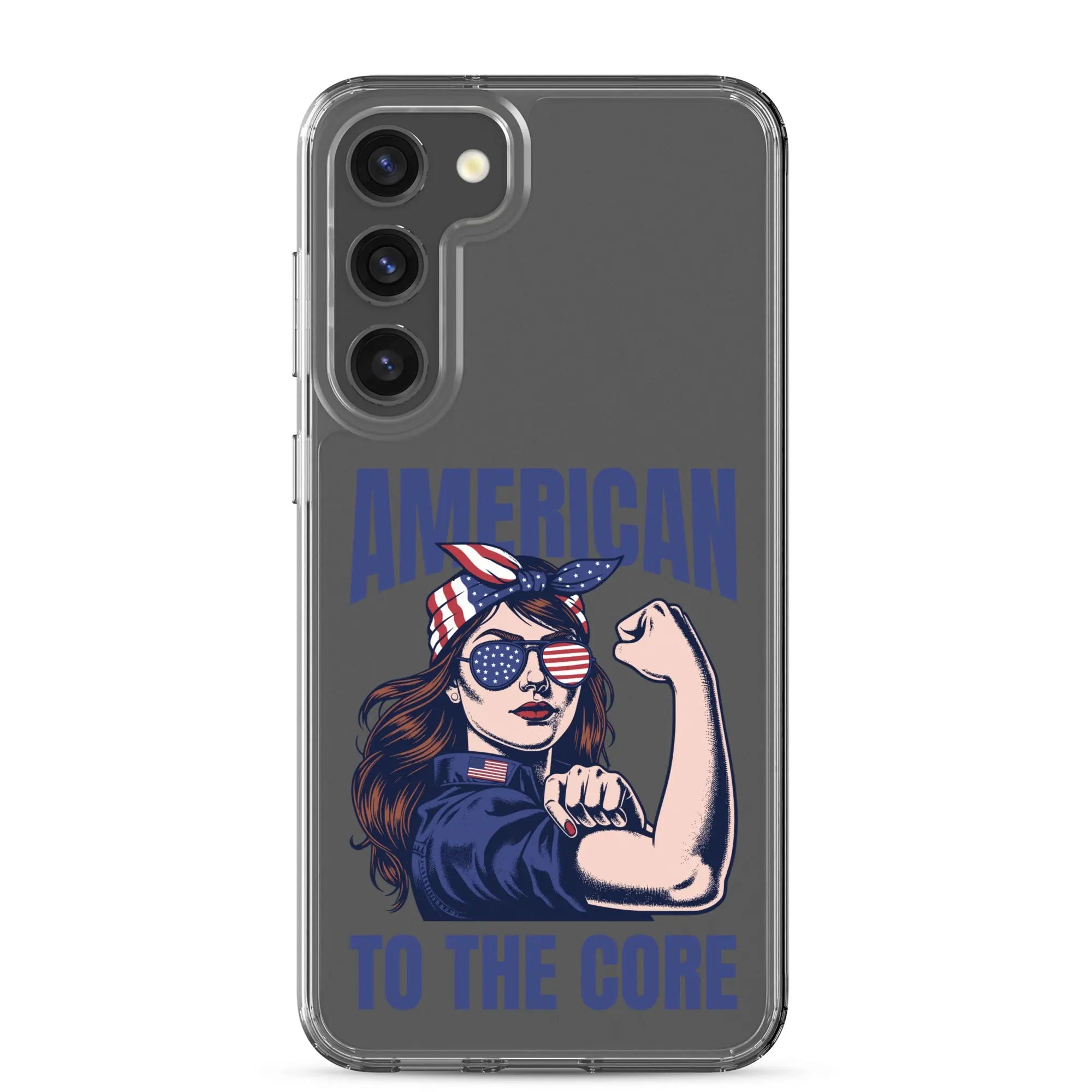 Patriotic Samsung phone clear case with a woman flexing and the text "American To The Core."