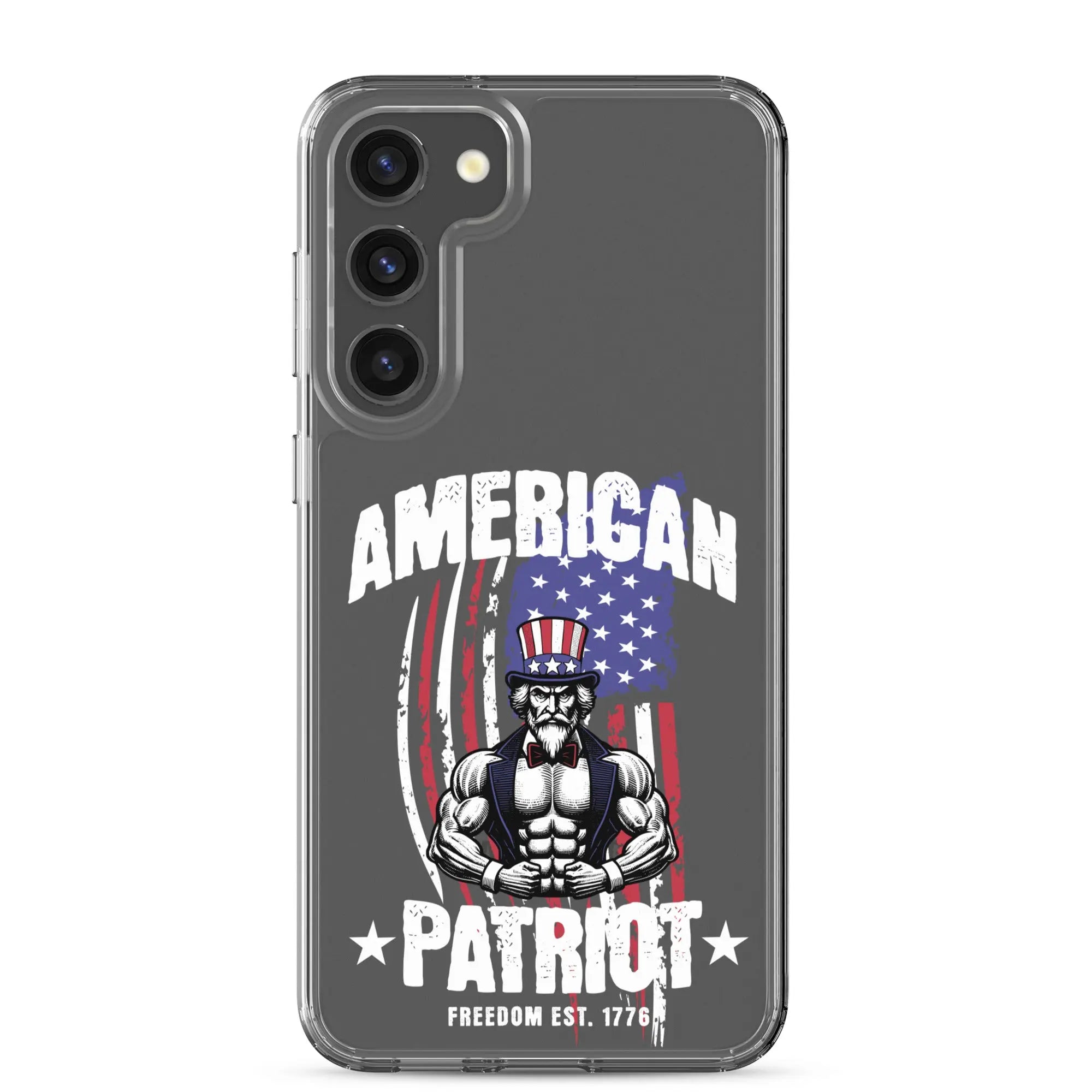 Patriotic Samsung clear phone case with a flexing uncle sam and the text "American Patriot"