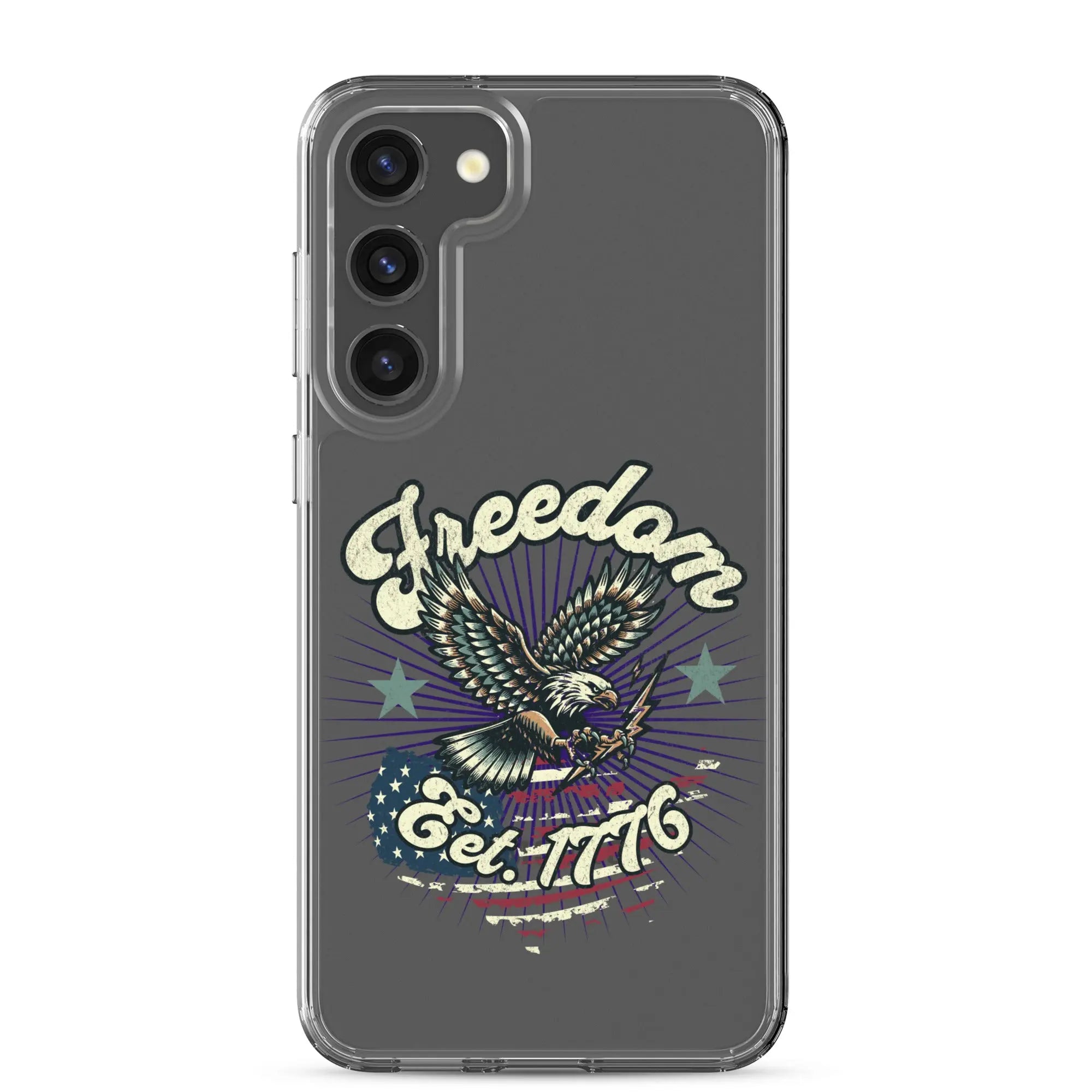 Patriotic Samsung clear phone case with an eagle design and the text "Freedom est. 1776."