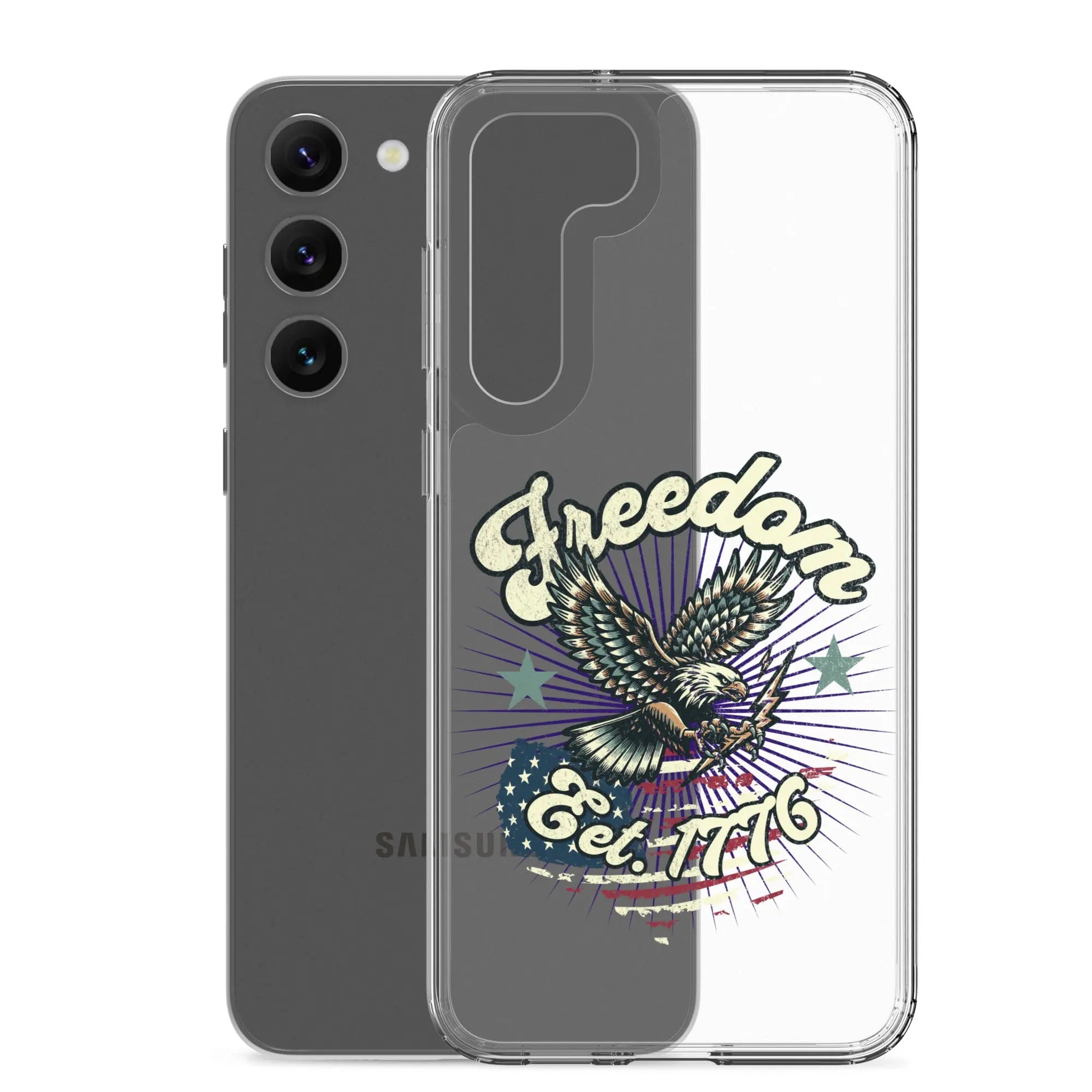 Patriotic Samsung clear phone case with an eagle design and the text "Freedom est. 1776."
