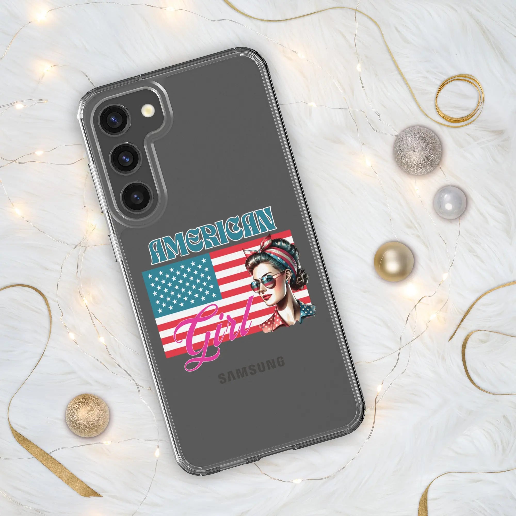 A patriotic Samsung phone clear case with the American flag and a woman's head on it and the text "American Girl."