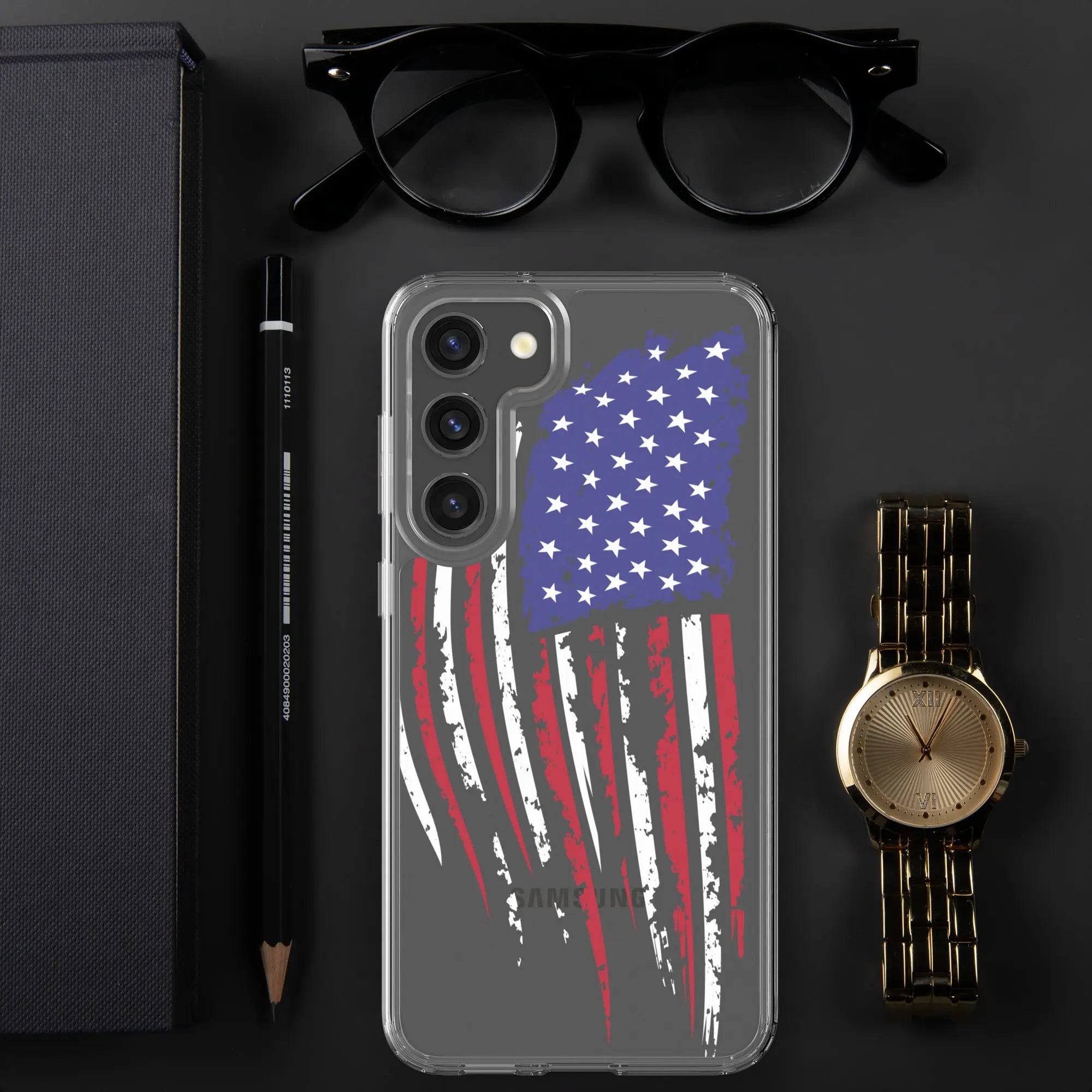 A patriotic Samsung phone clear case with the American flag.
