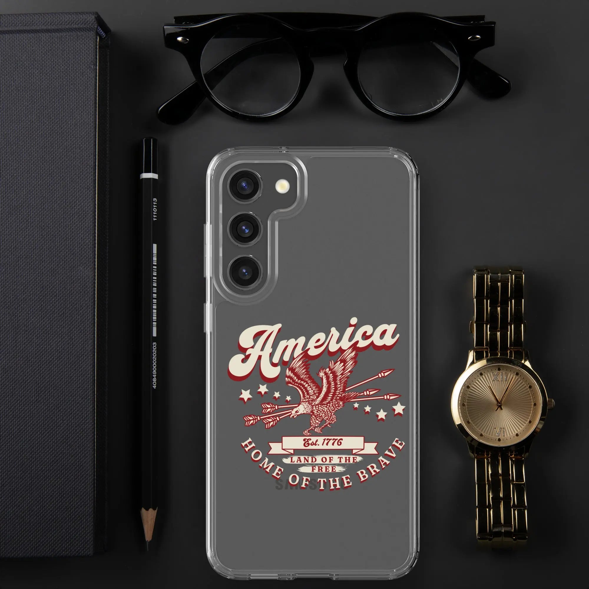 Patriotic Samsung clear phone case with a flying eagle and the text "America, Home Of The Brave."