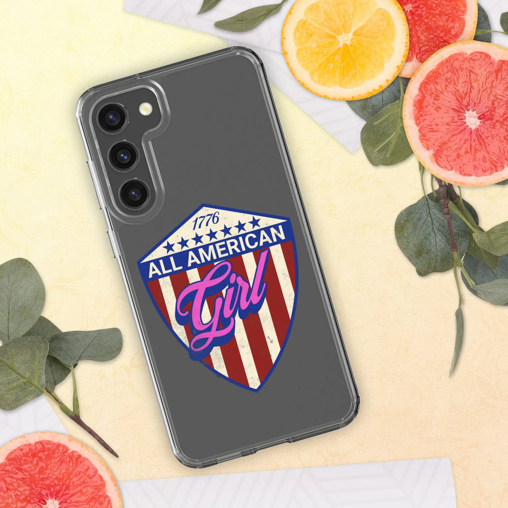 A patriotic Samsung phone clear case with a shield and the text "All American Girl."