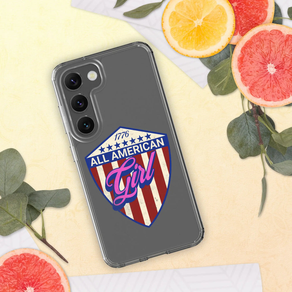 A patriotic Samsung phone clear case with a shield and the text "All American Girl."