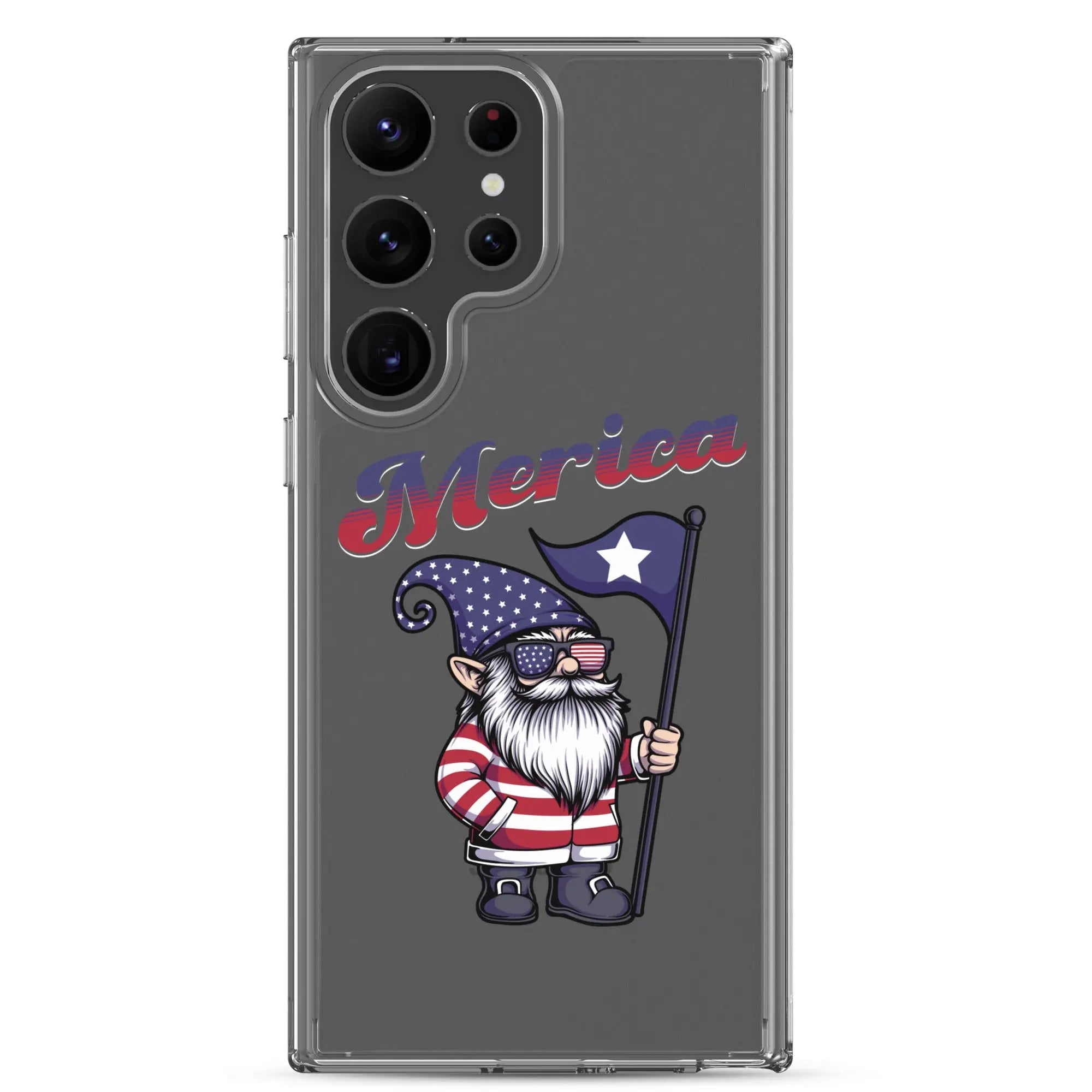 A patriotic Samsung phone clear case with a gnome holding a flag and the text "Merica."