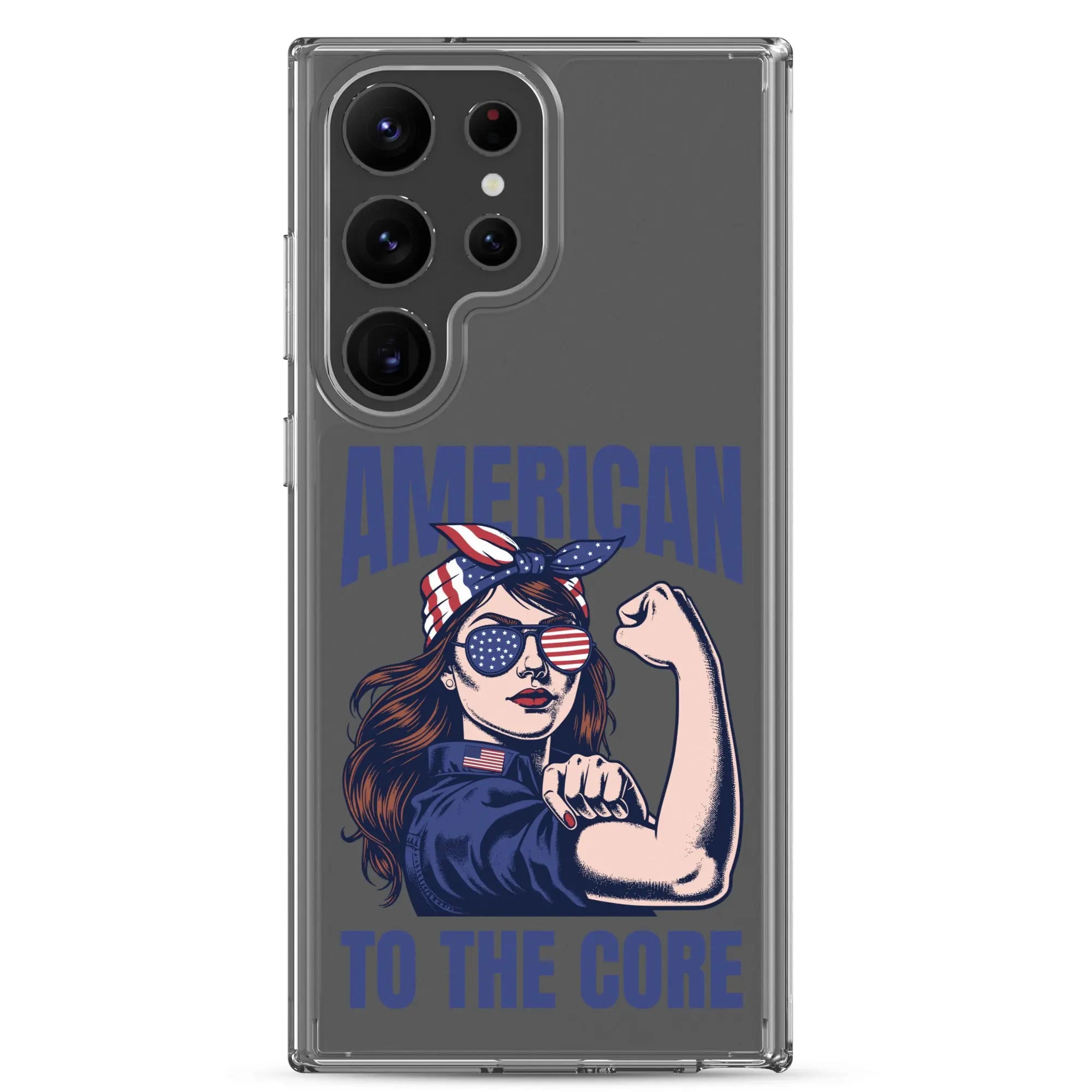 Patriotic Samsung phone clear case with a woman flexing and the text "American To The Core."