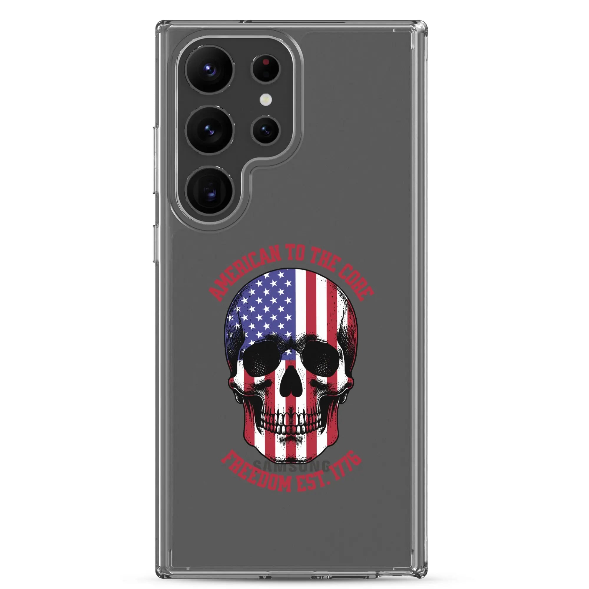 Patriotic Samsung clear phone case with an American flag skull and the text "America To The Core and Freedom est. 1776."