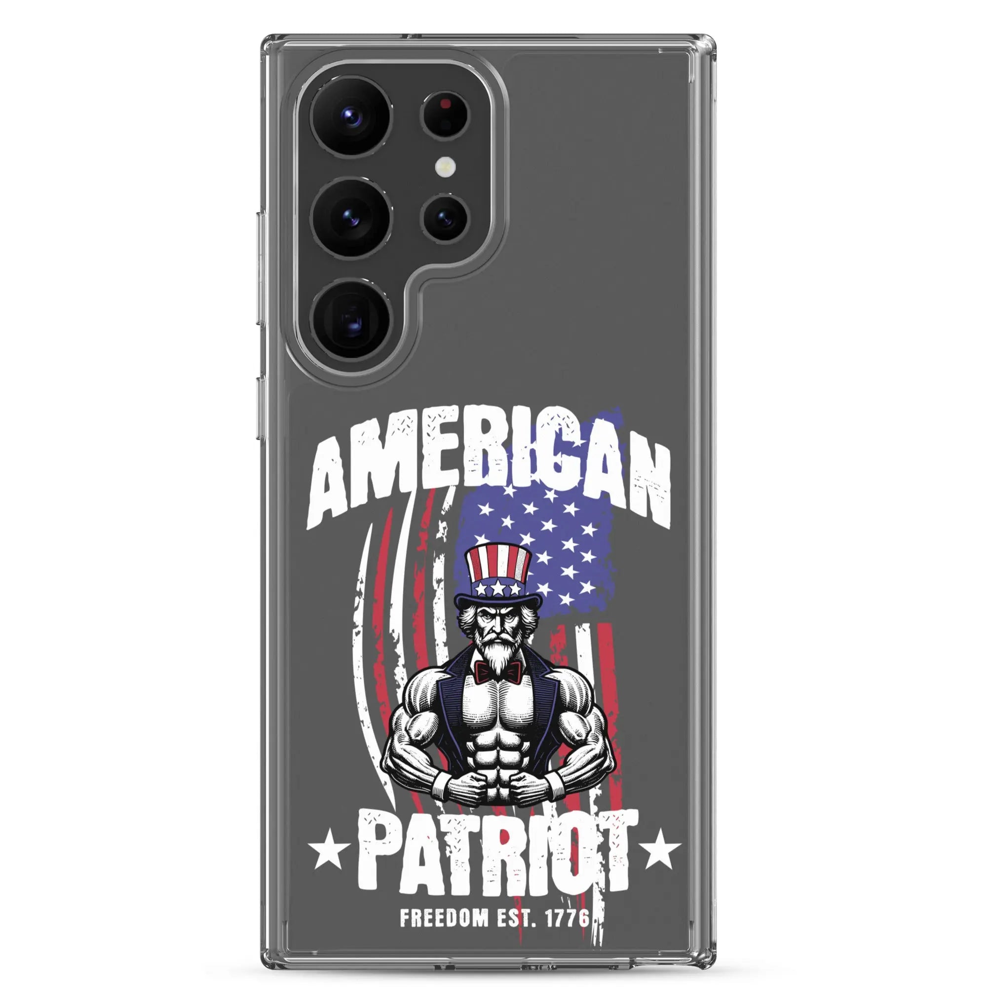 Patriotic Samsung clear phone case with a flexing uncle sam and the text "American Patriot"
