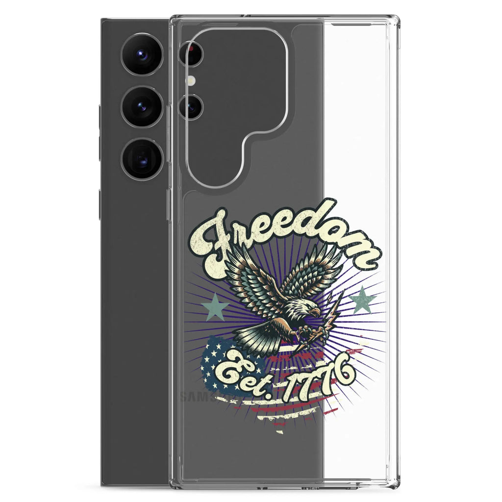 Patriotic Samsung clear phone case with an eagle design and the text "Freedom est. 1776."
