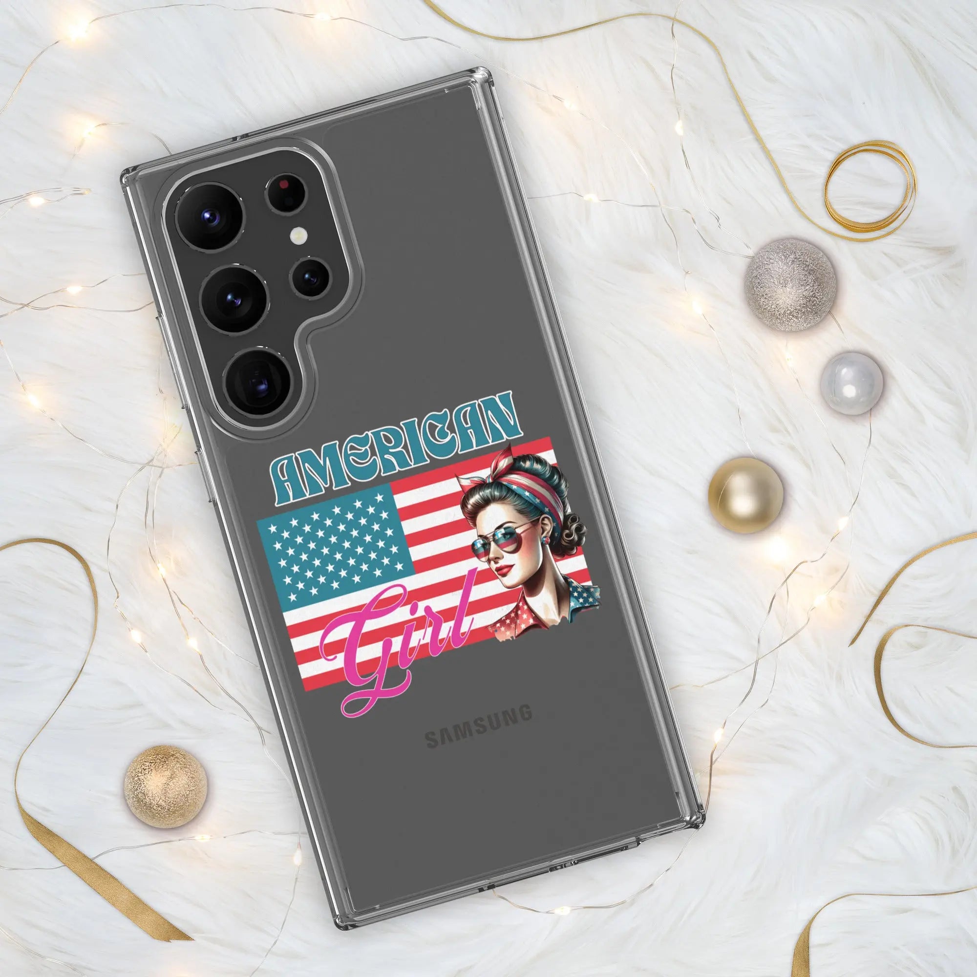 A patriotic Samsung phone clear case with the American flag and a woman's head on it and the text "American Girl."
