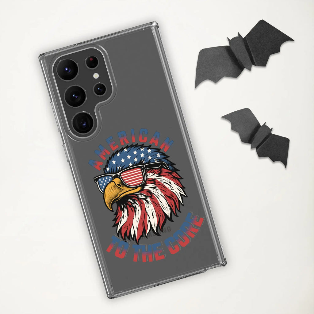 A patriotic Samsung phone clear case with an eagle head and the text "American To The Core."