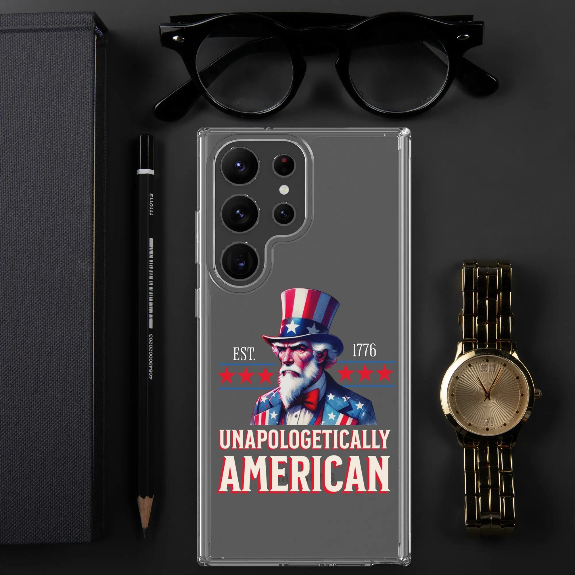 A patriotic Samsung clear phone case with Uncle Sam and the text "Unapologetically American."
