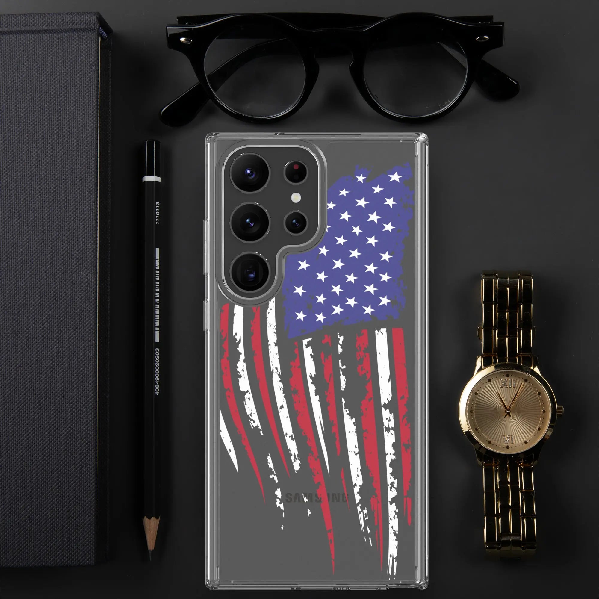 A patriotic Samsung phone clear case with the American flag.