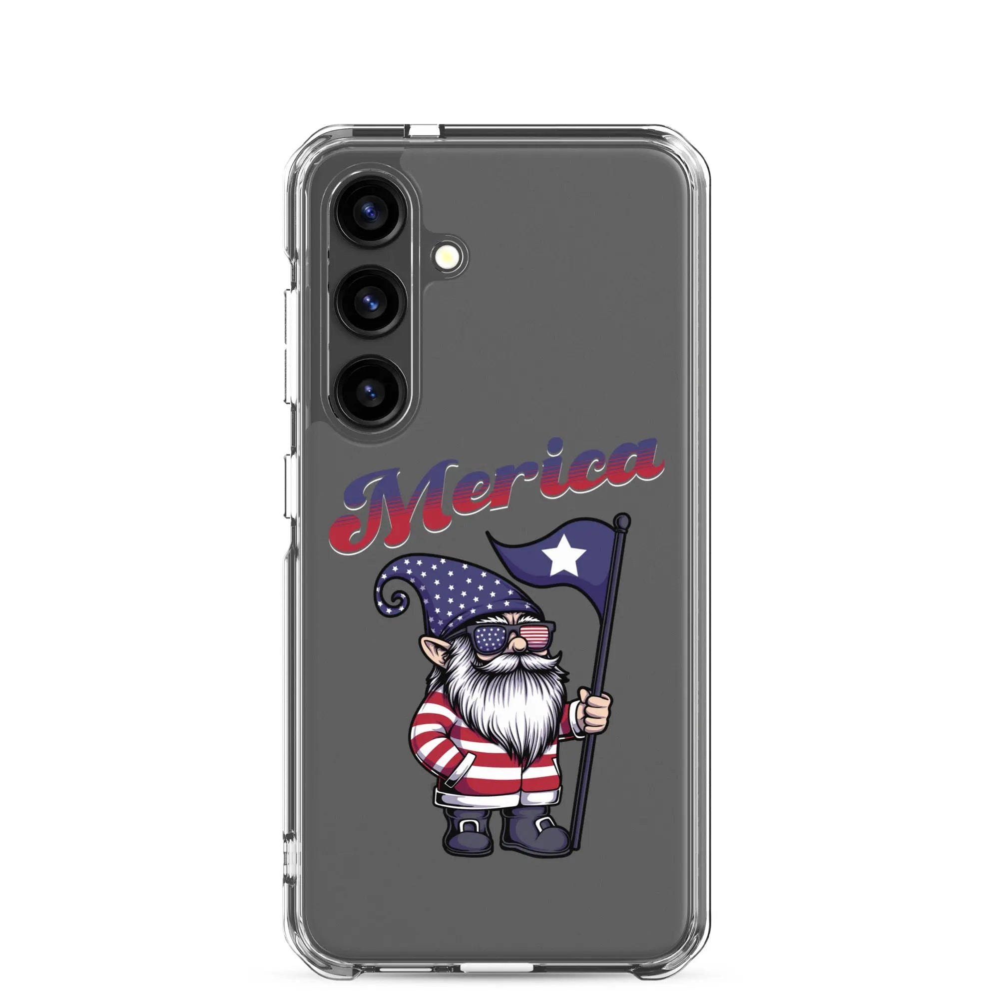 A patriotic Samsung phone clear case with a gnome holding a flag and the text "Merica."