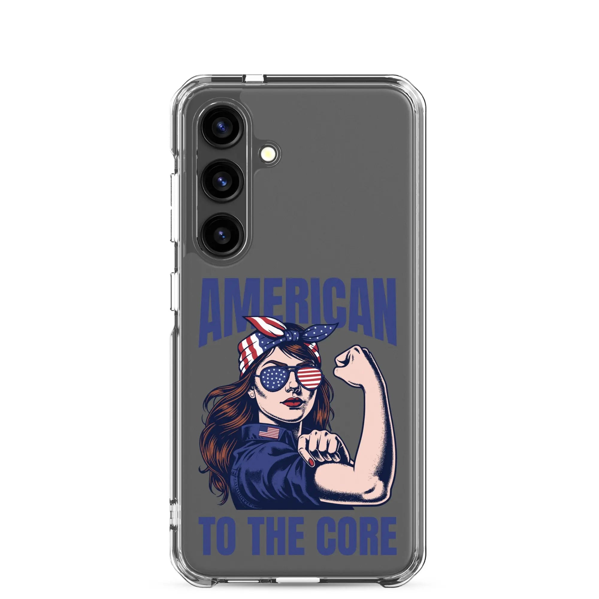 Patriotic Samsung phone clear case with a woman flexing and the text "American To The Core."