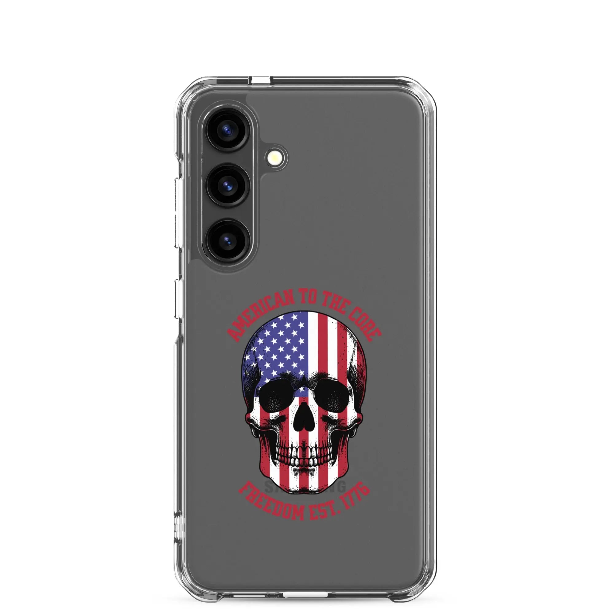 Patriotic Samsung clear phone case with an American flag skull and the text "America To The Core and Freedom est. 1776."