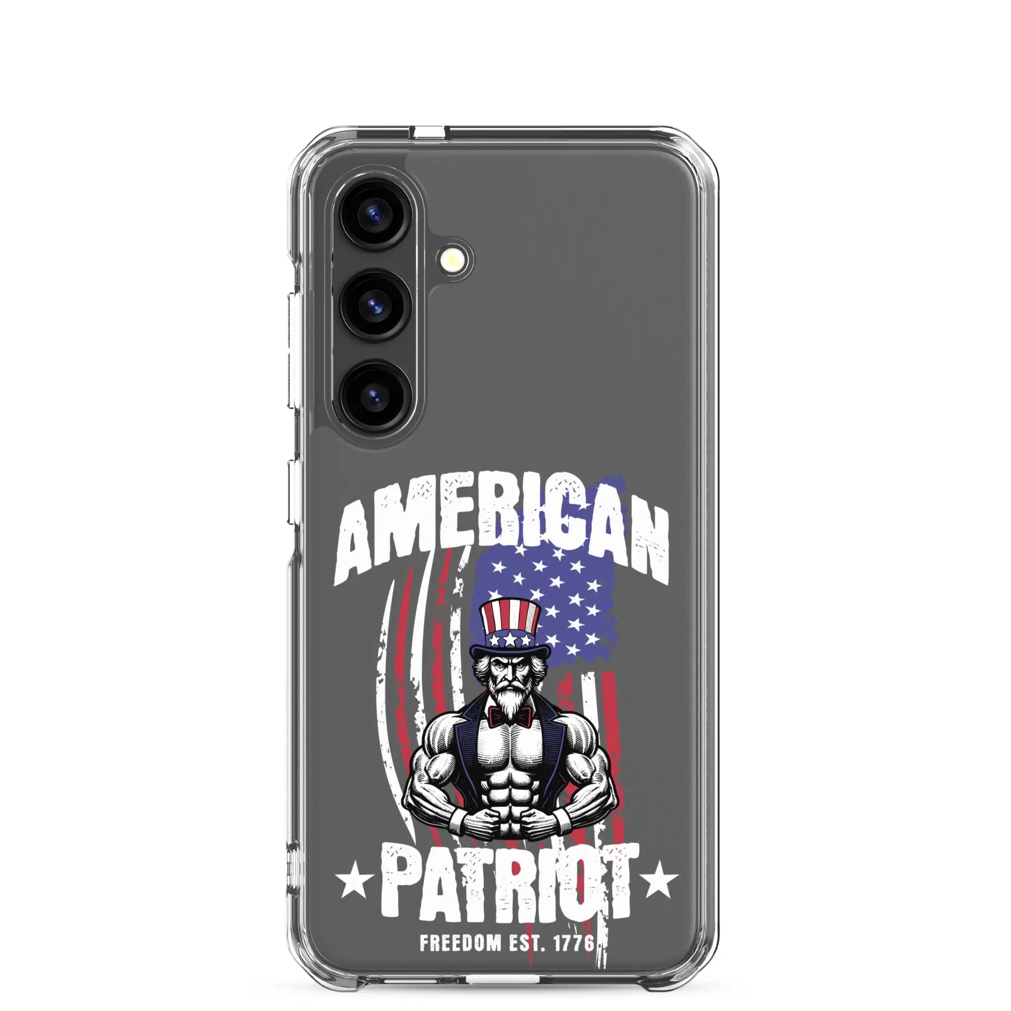 Patriotic Samsung clear phone case with a flexing uncle sam and the text "American Patriot"