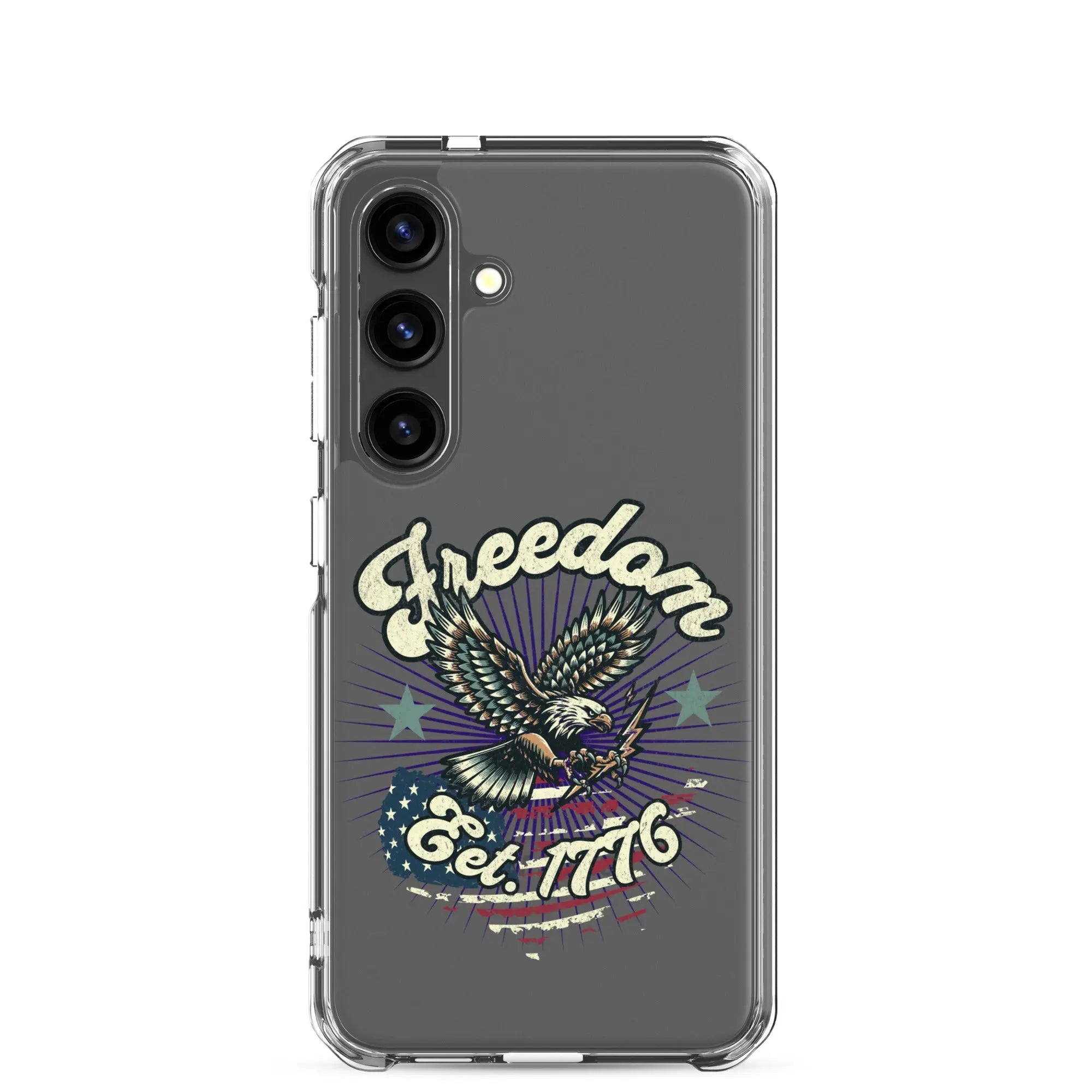 Patriotic Samsung clear phone case with an eagle design and the text "Freedom est. 1776."