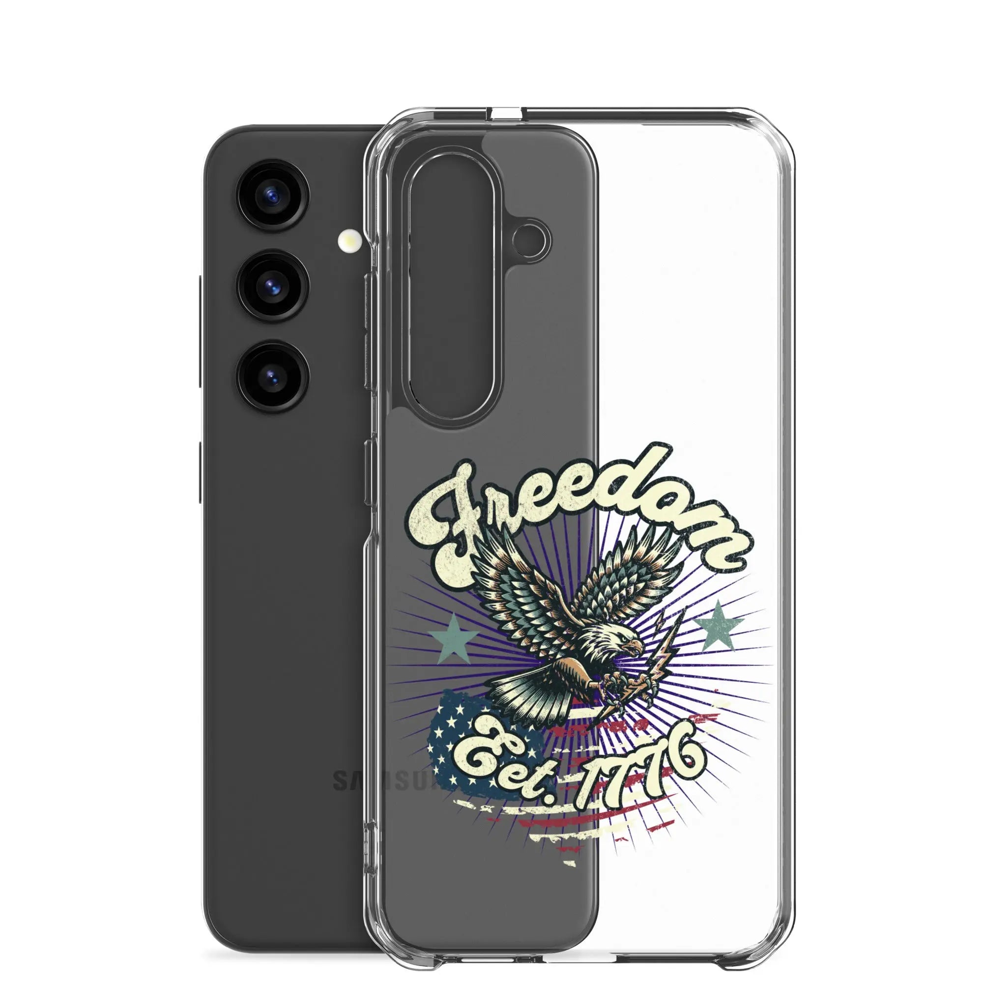 Patriotic Samsung clear phone case with an eagle design and the text "Freedom est. 1776."