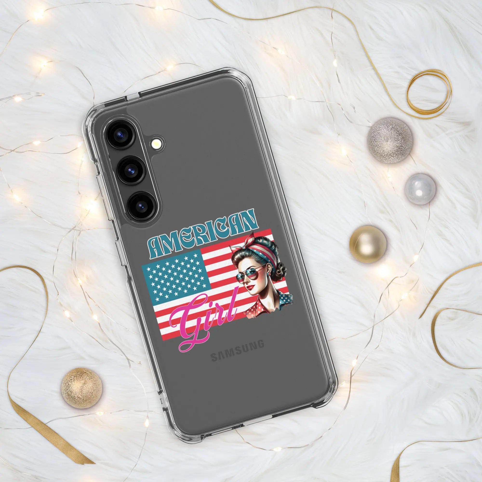 A patriotic Samsung phone clear case with the American flag and a woman's head on it and the text "American Girl."
