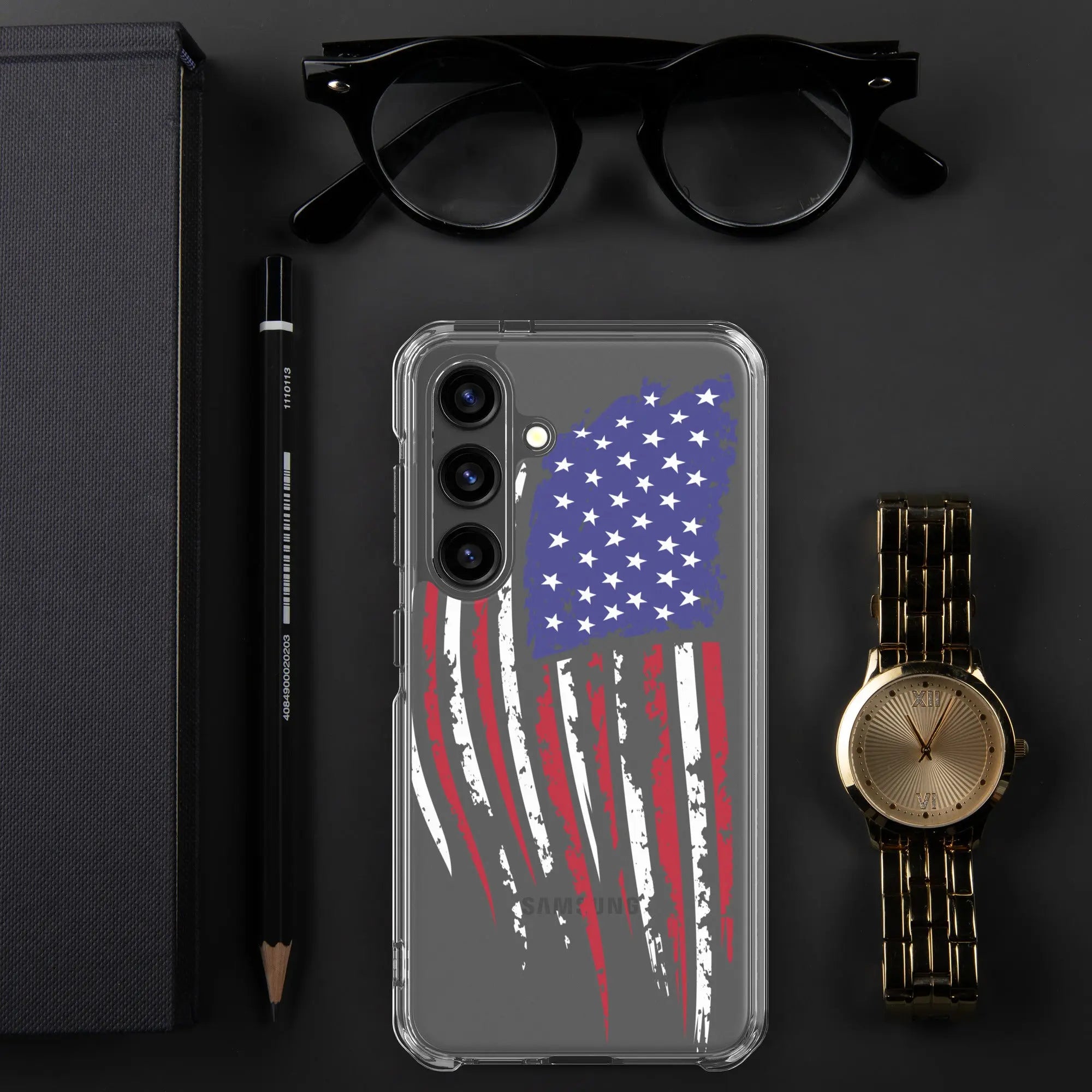 A patriotic Samsung phone clear case with the American flag.