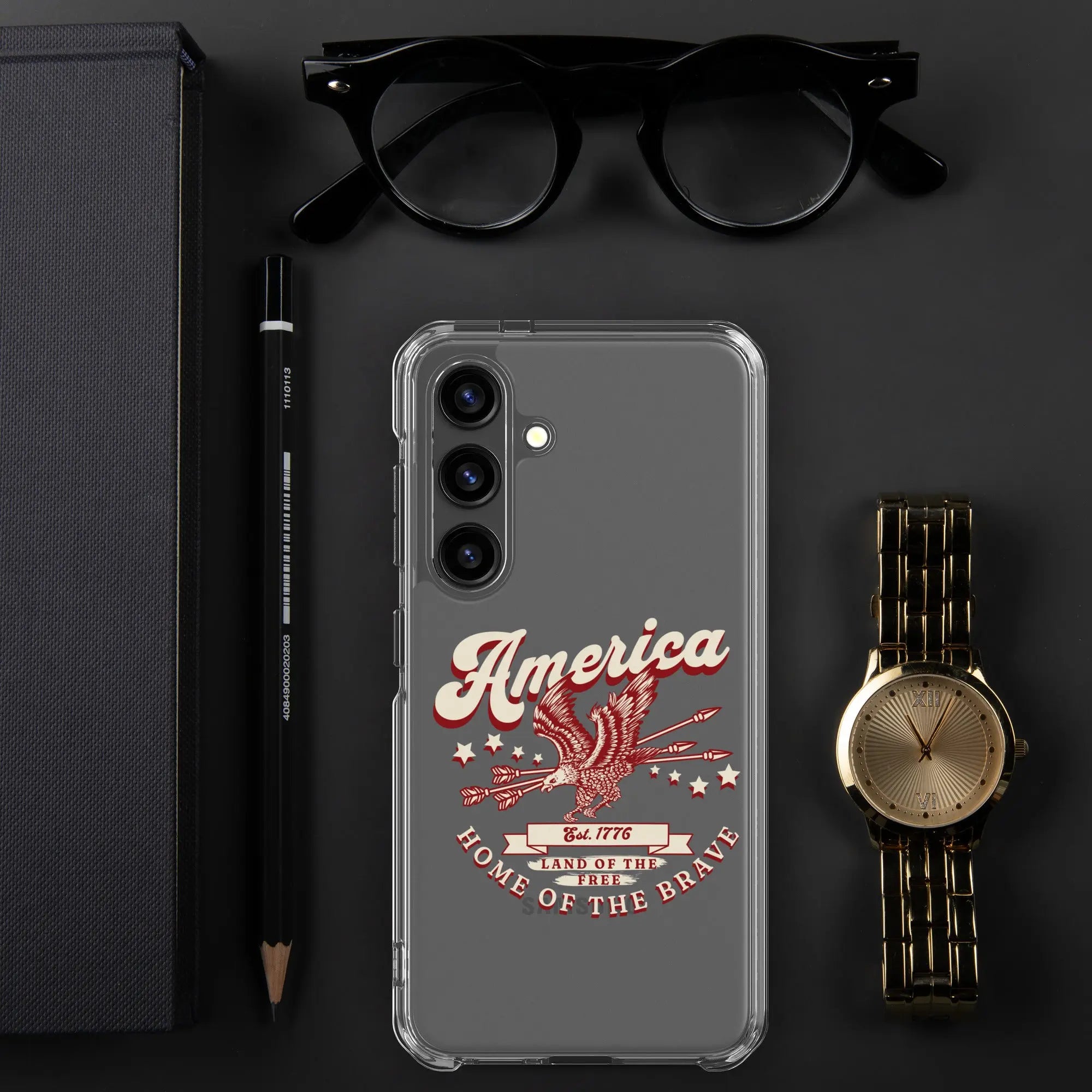 Patriotic Samsung clear phone case with a flying eagle and the text "America, Home Of The Brave."