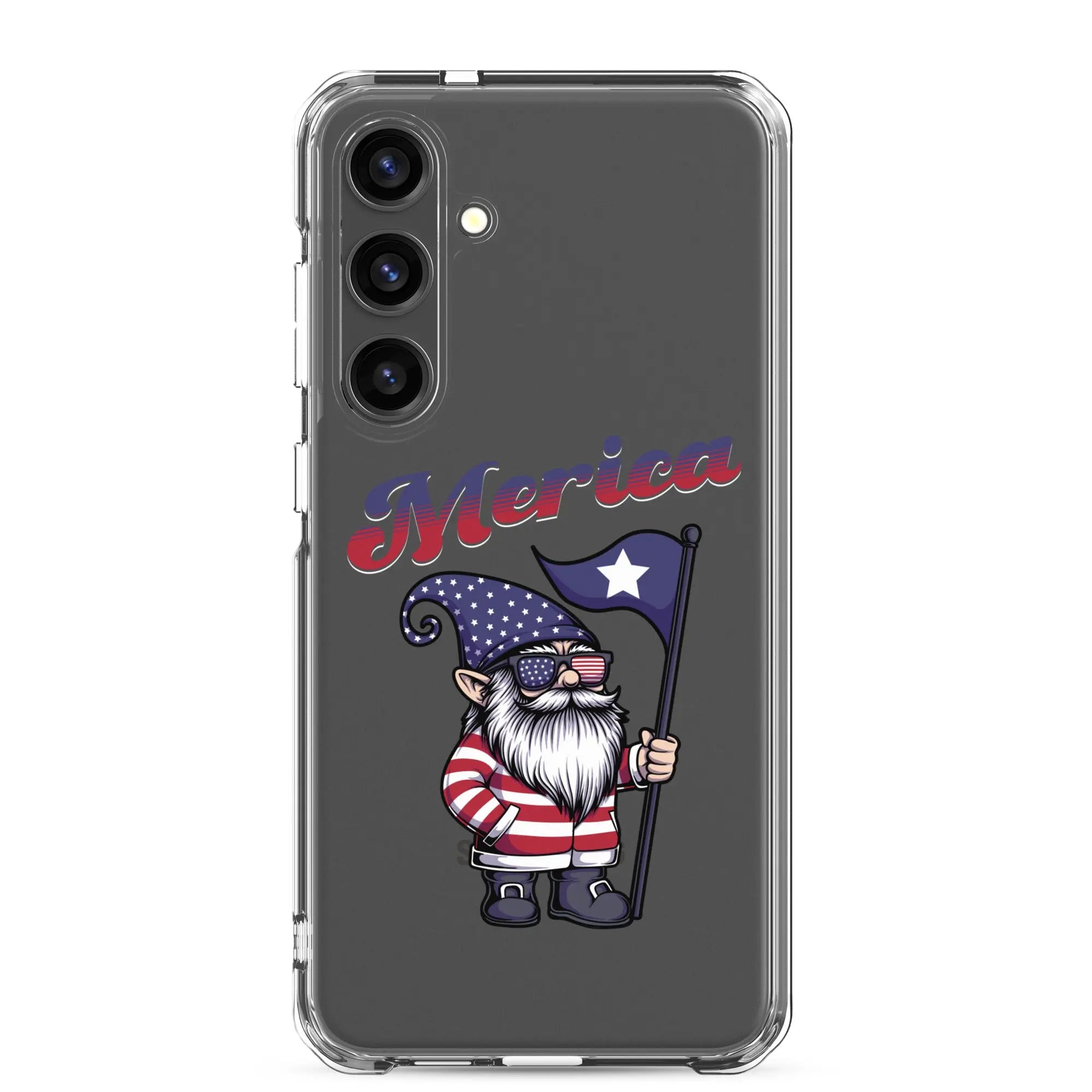 A patriotic Samsung phone clear case with a gnome holding a flag and the text "Merica."